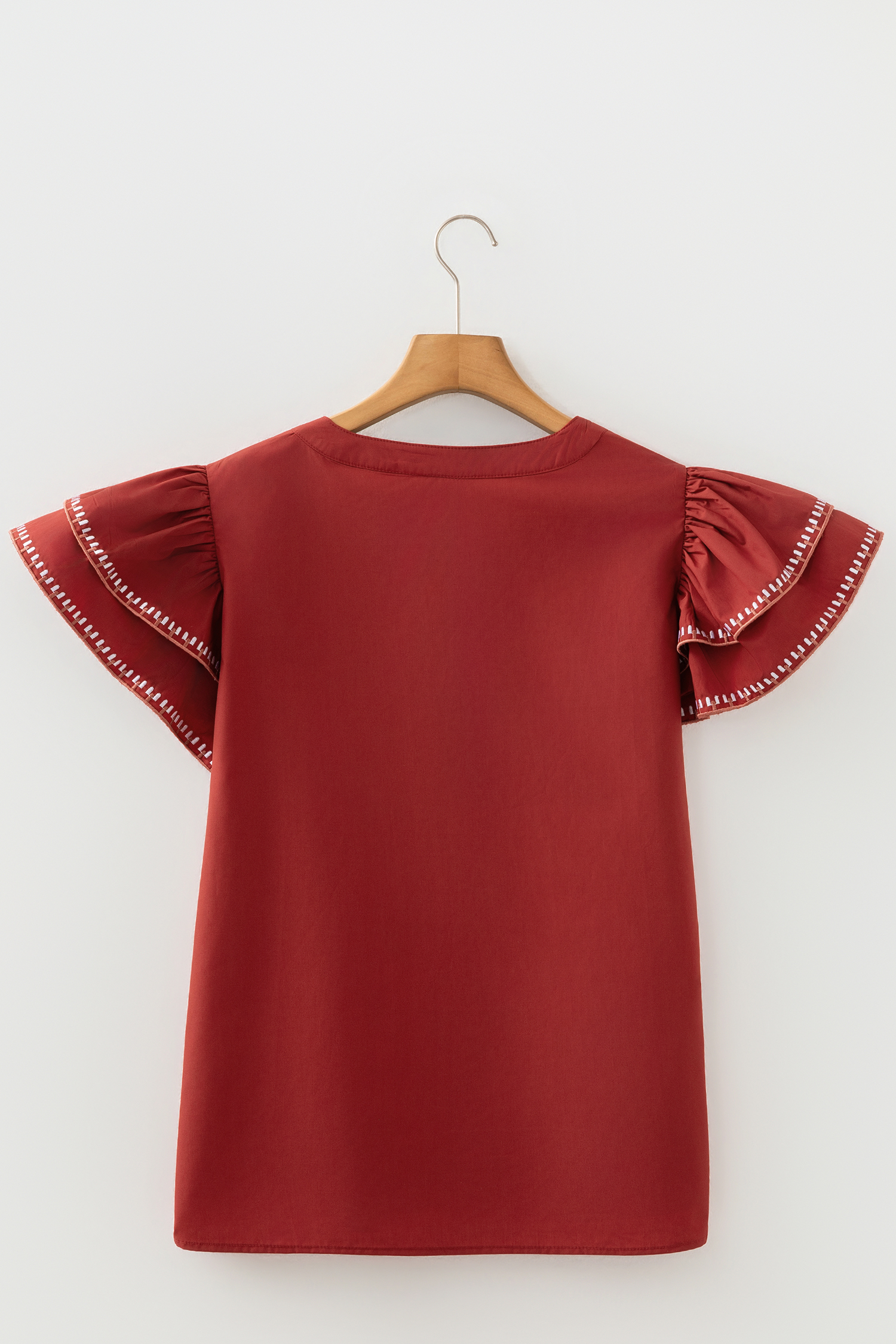 Clay Contrast Trim Flutter Sleeve V Neck Blouse