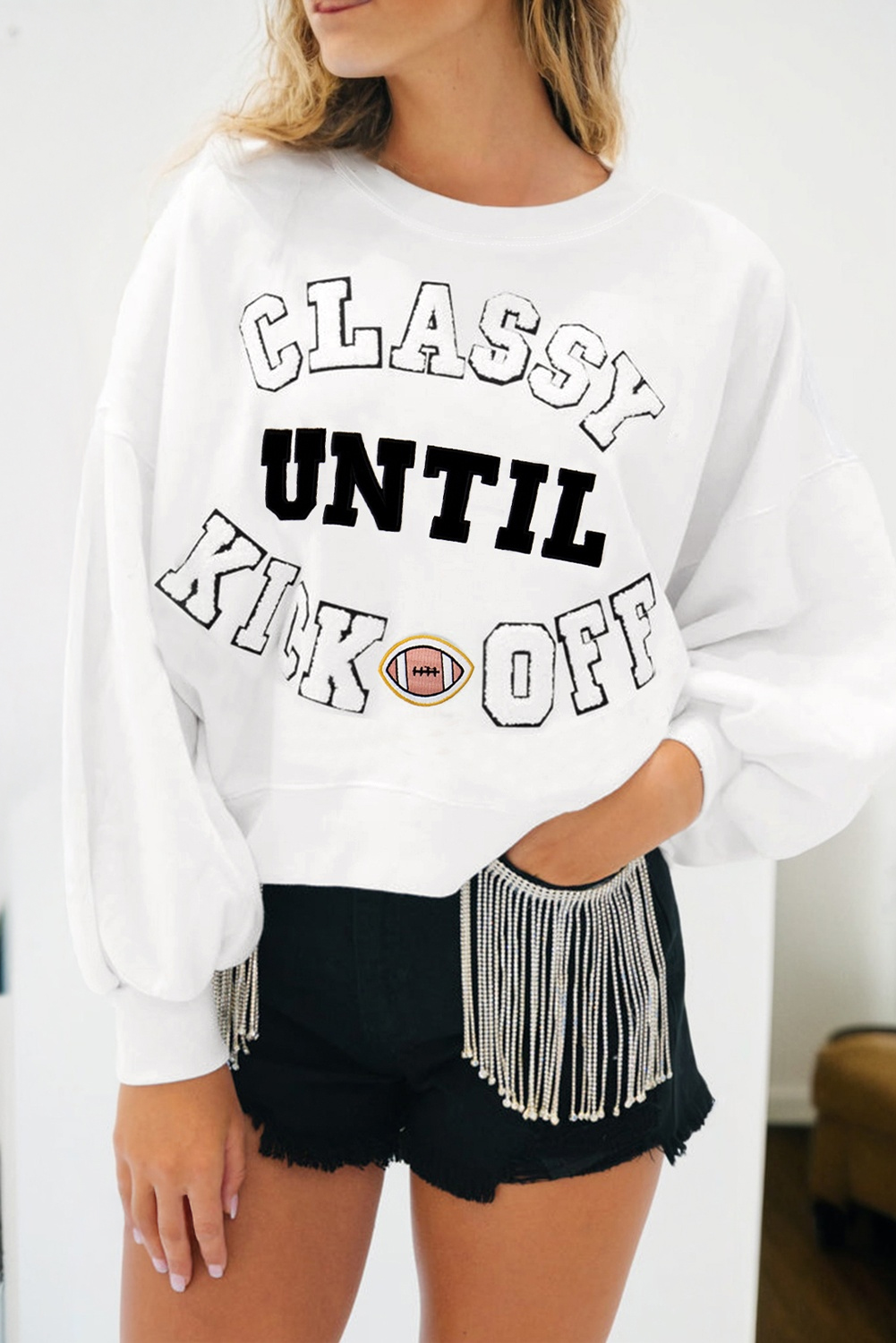 Black CLASSY UNTIL KICKOFF Plush Letter Patched Loose Sweatshirt
