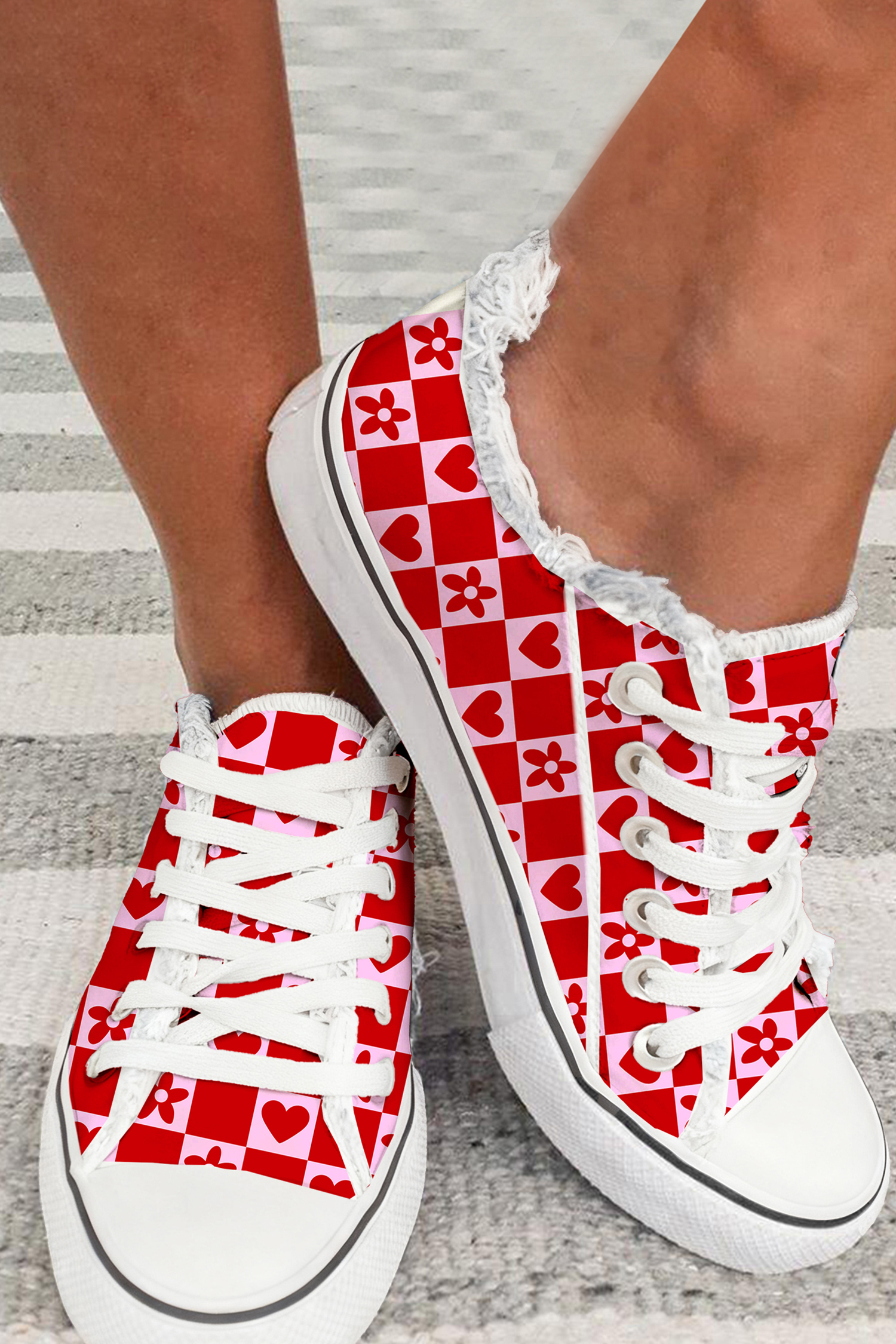 Fiery Red Flower Heart Checkered Print Frayed Trim Lace-up Flat Shoes