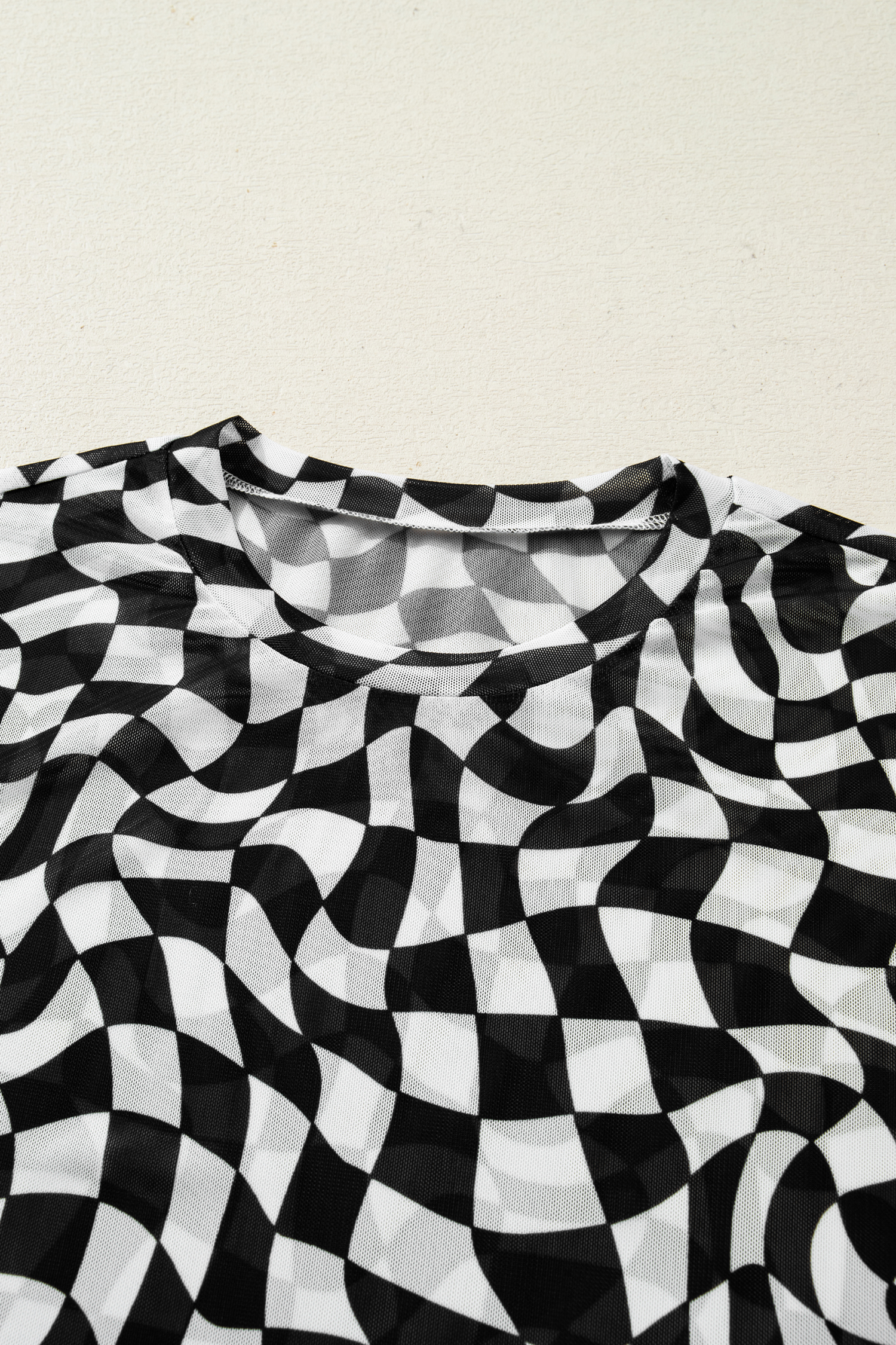 Purple Checkered Print Mock Neck Mesh T Shirt