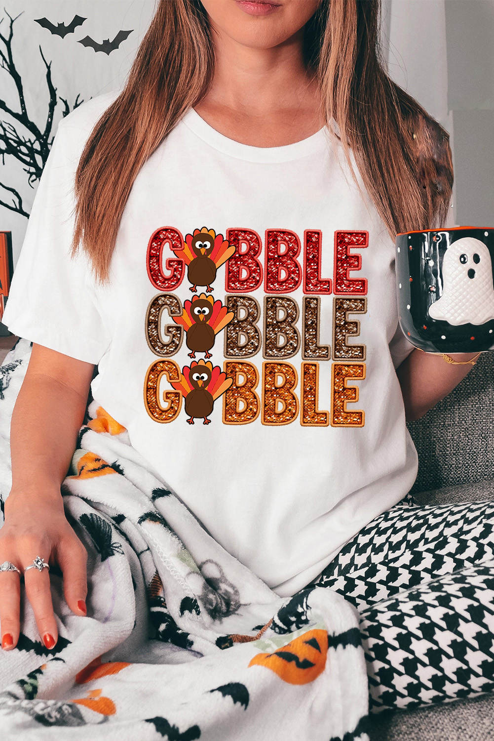 White GOBBLE Thanksgiving Turkey Print T Shirt