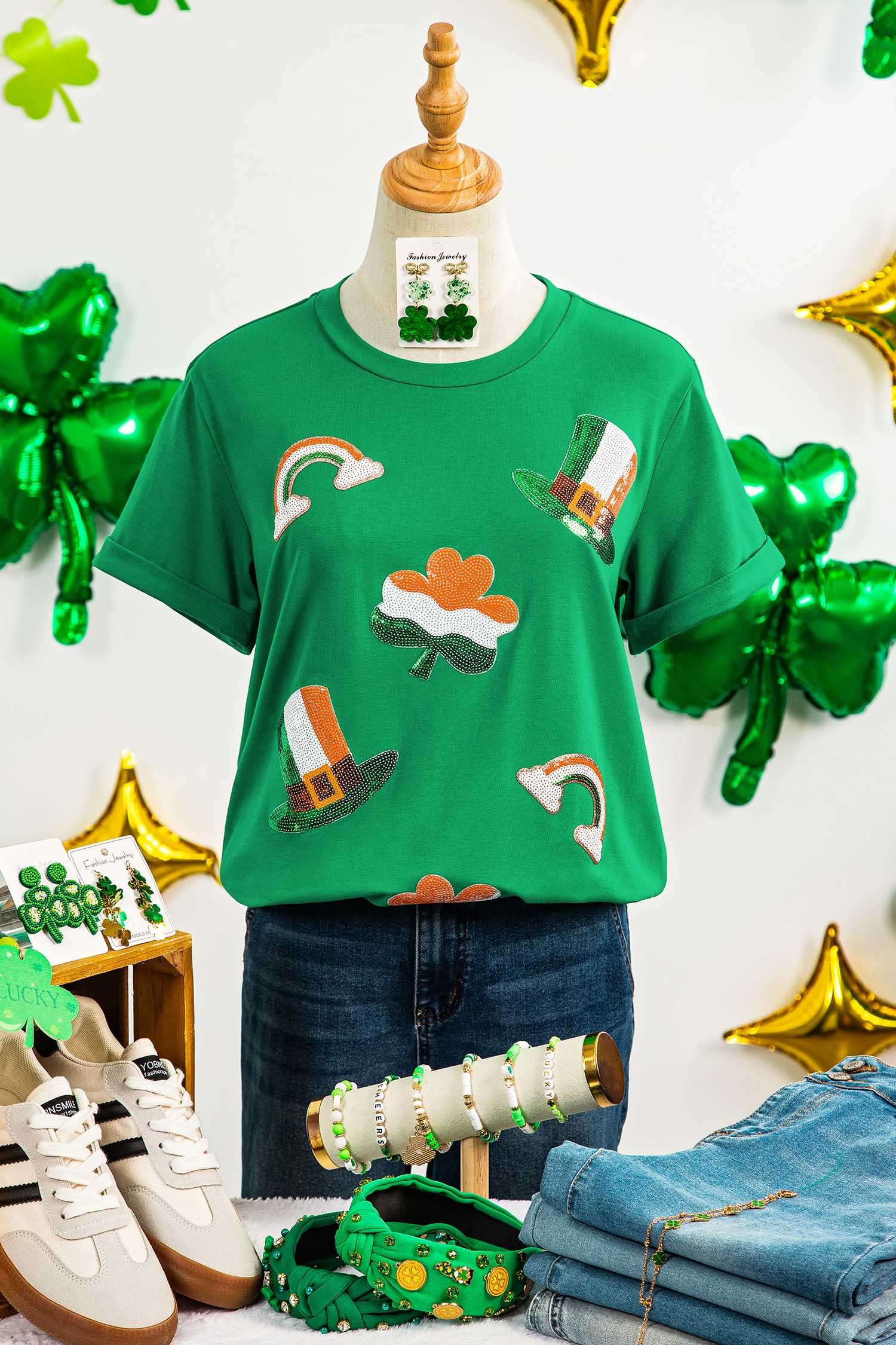 Bright Green St Patricks Day Elements Sequin Graphic Tee
