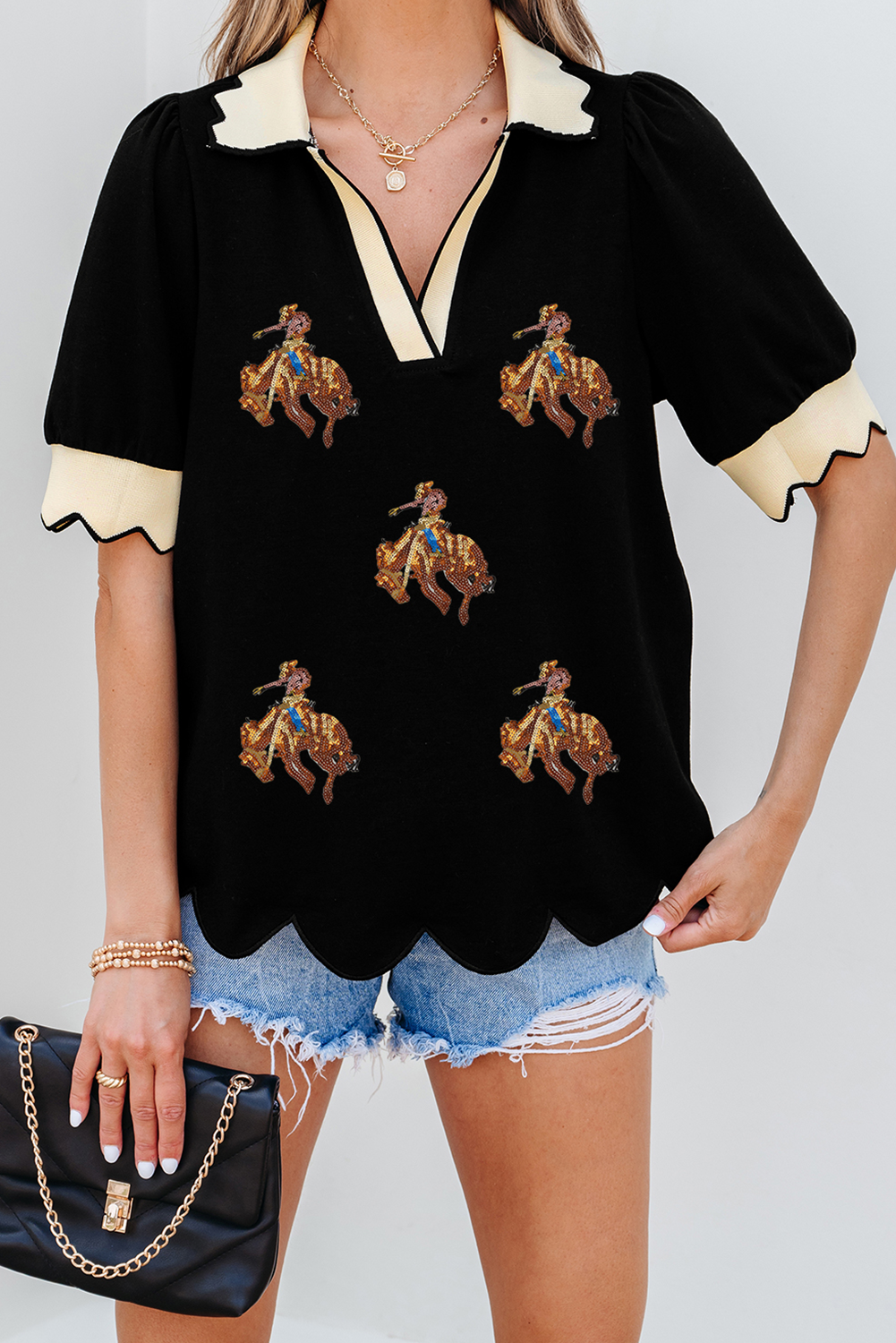 Black Contrast Scalloped Collar Cuffs Rodeo Patched Graphic Short Sleeve Top