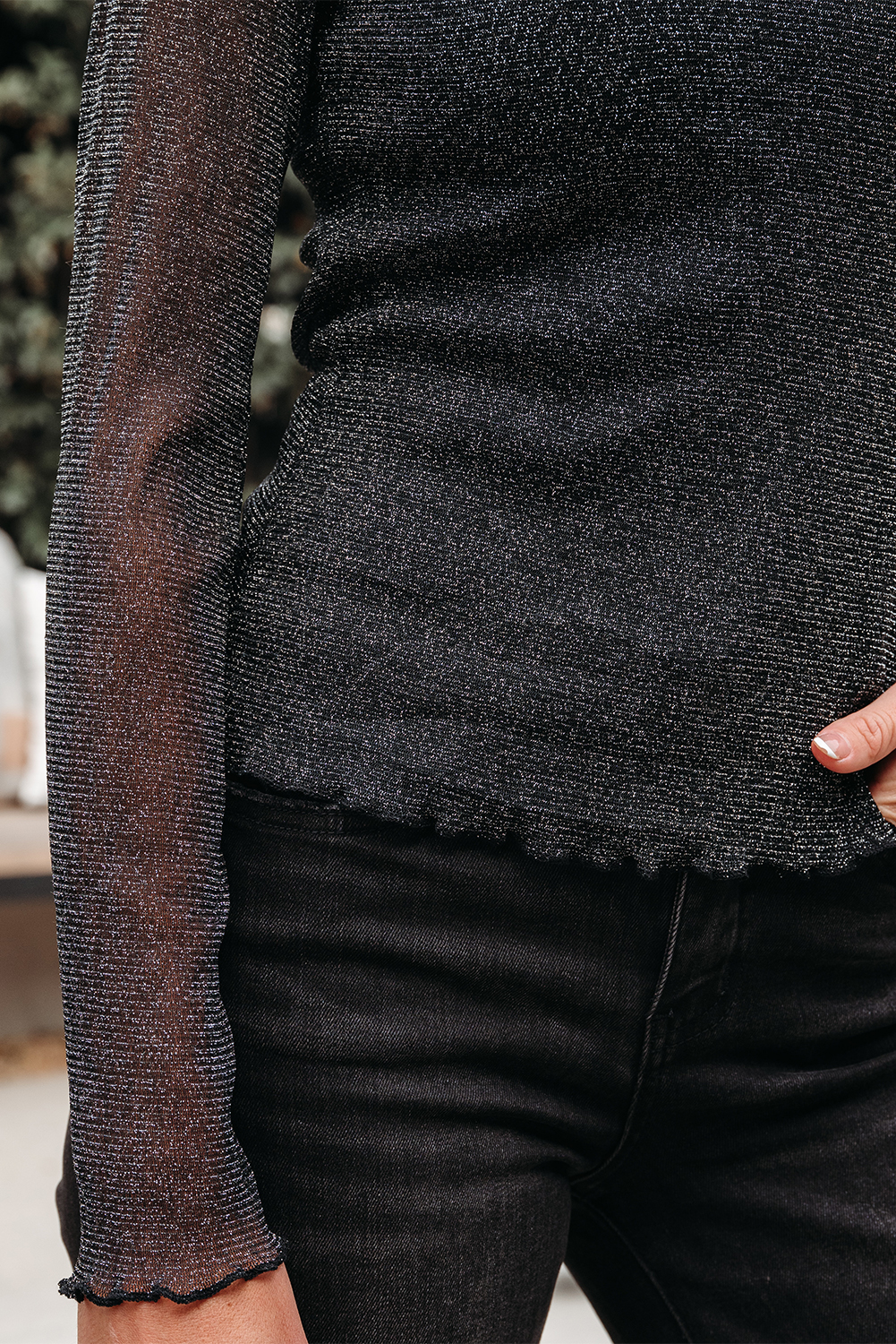 Black Metallic Glitter Mesh Long Sleeve Top