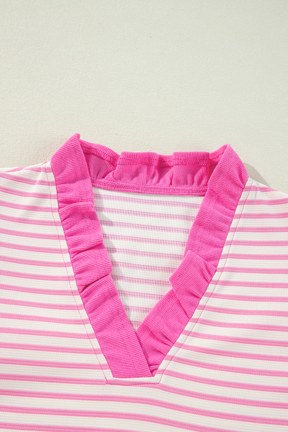 Pink Stripe Ruffled V Neck Cap Puff Sleeve Top