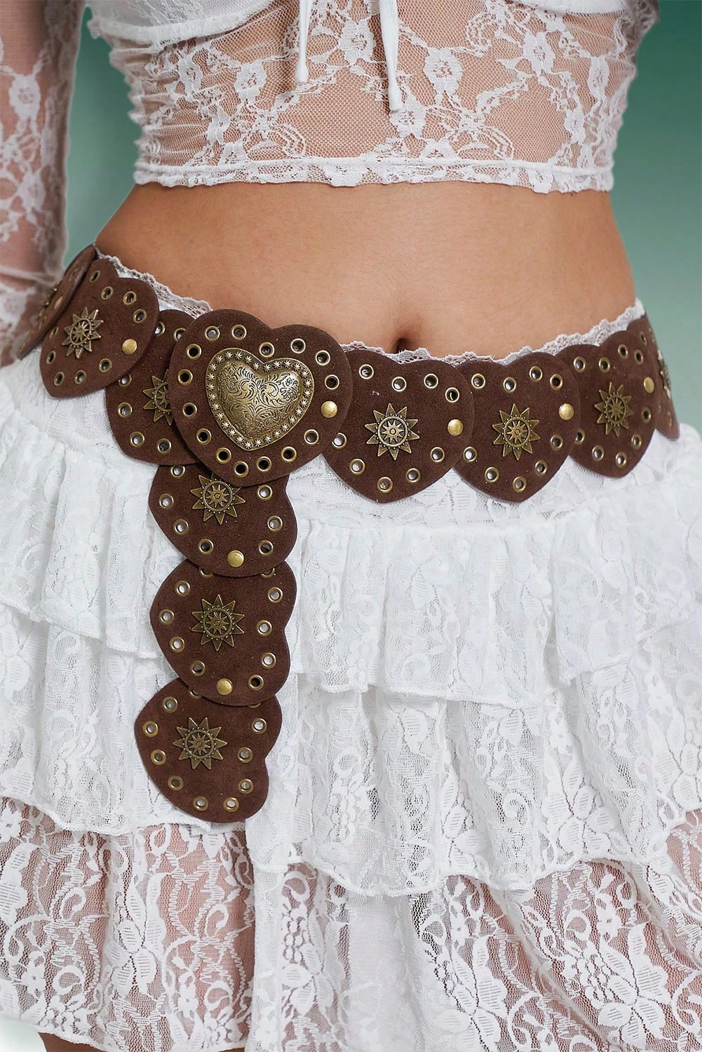Coffee Bohemian Vintage Bronze Detail Heart Connected PU Belt