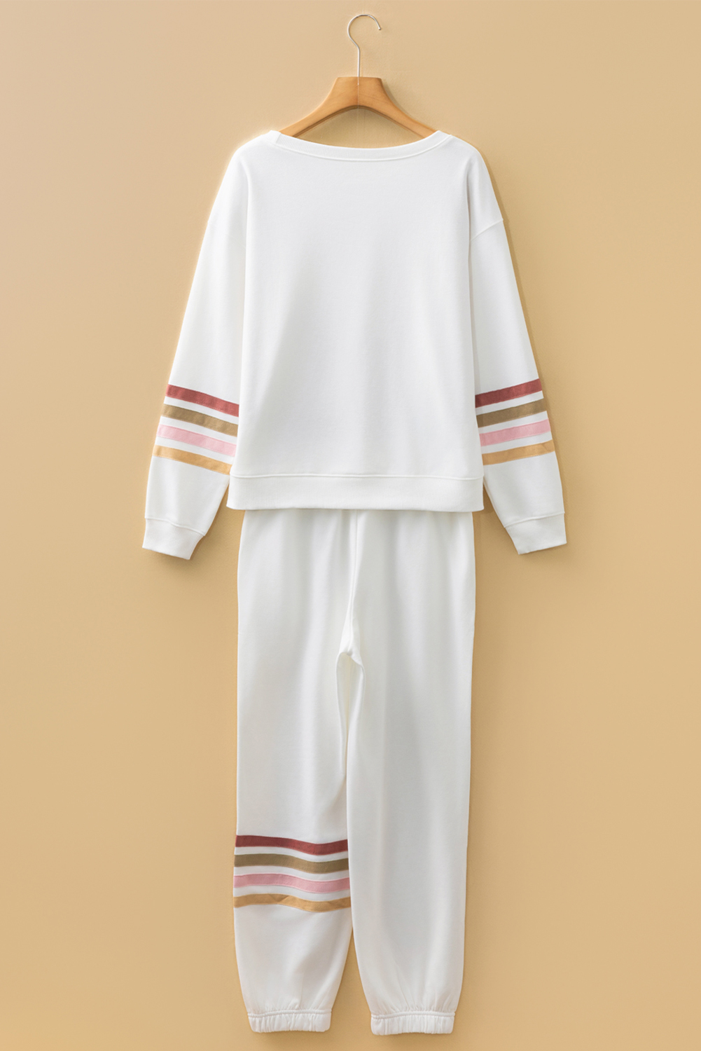 Beige Striped Drop Shoulder Round Neck Pullover and Jogger Pants Active Outfit
