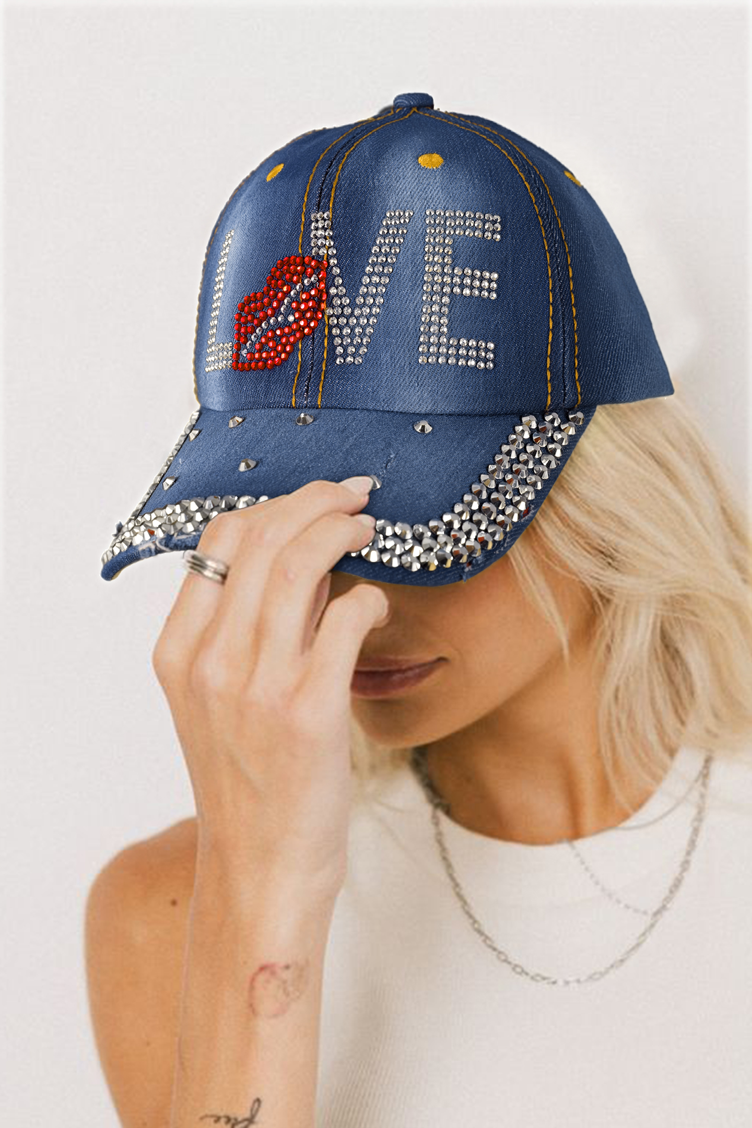 Ashleigh Blue Rhinestone Embellished LOVE Lip Denim Baseball Cap
