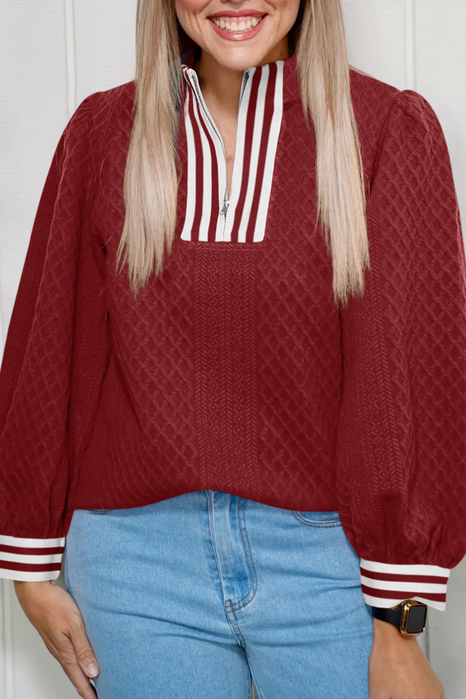 Racing Red Rhombus Textured Striped Patchwork Zip Neck Pullover Sweatshirt