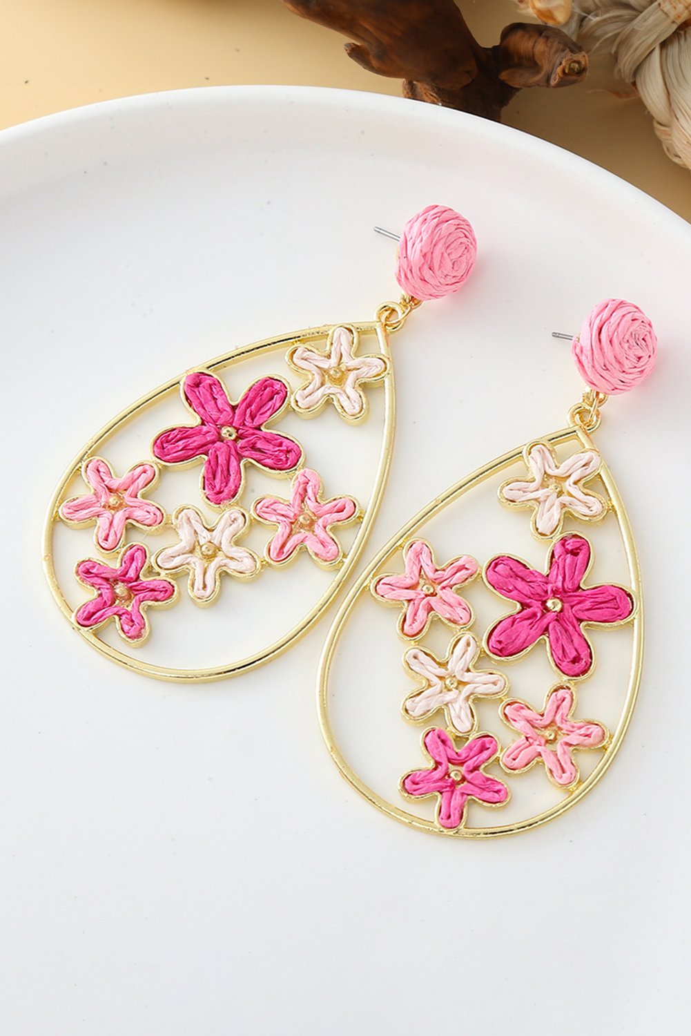Rose Red Flower Plaited Gold Plated Waterdrop Earrings