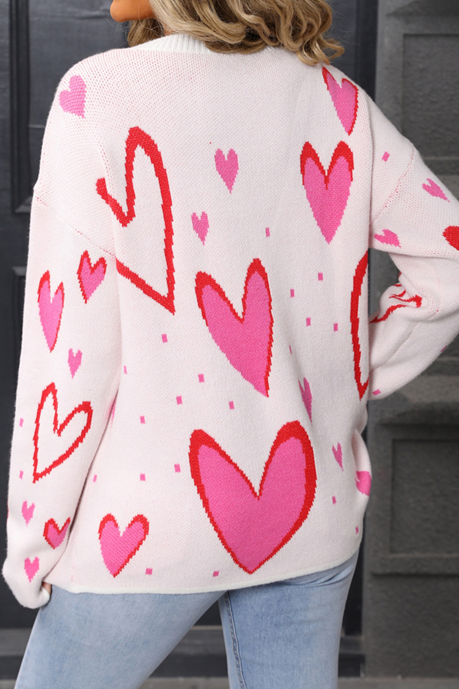 White Splendid Heart Print Valentines Day Sweater