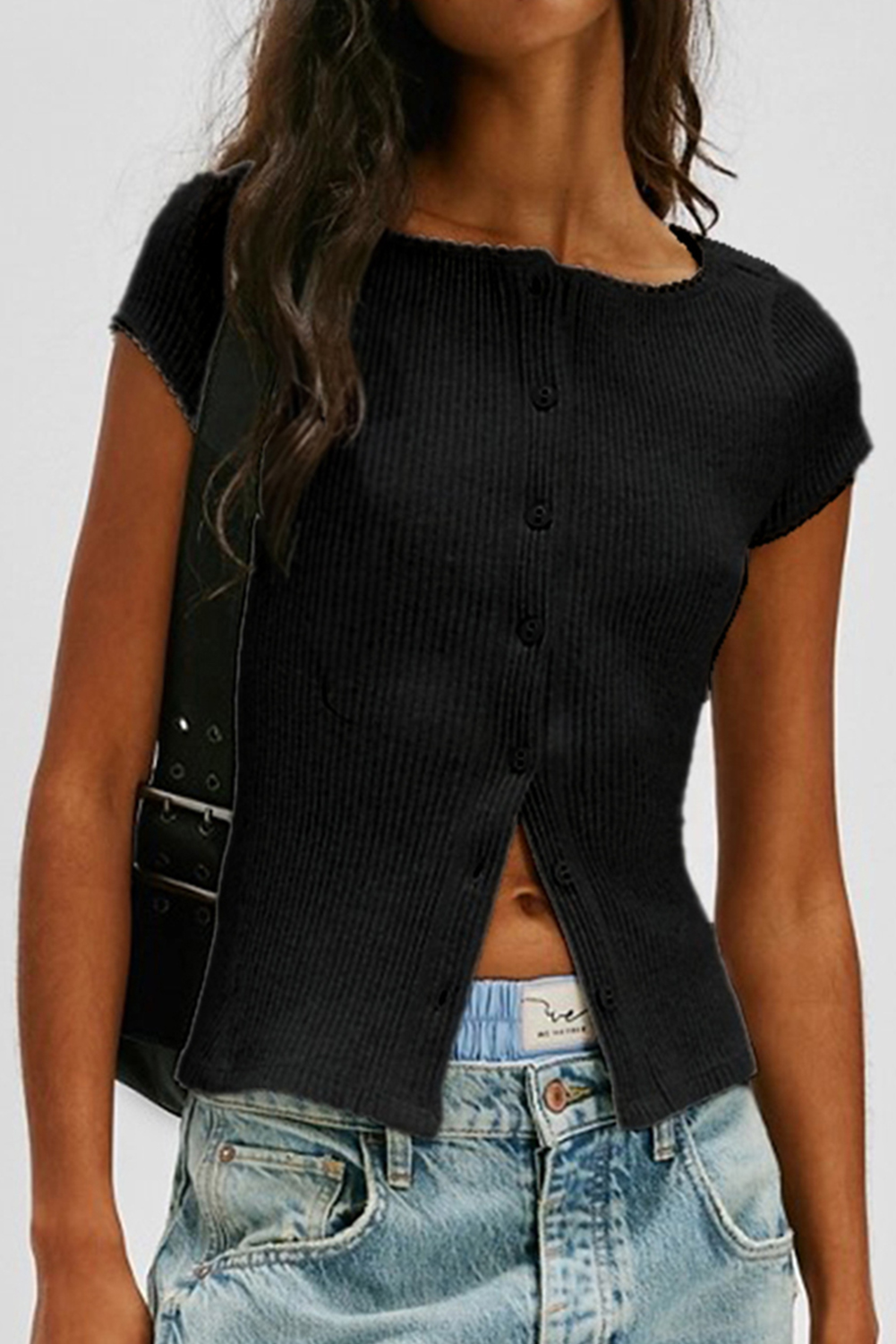 Black Solid Color Ribbed Knit Lace Trim Button Down Short Sleeve Top