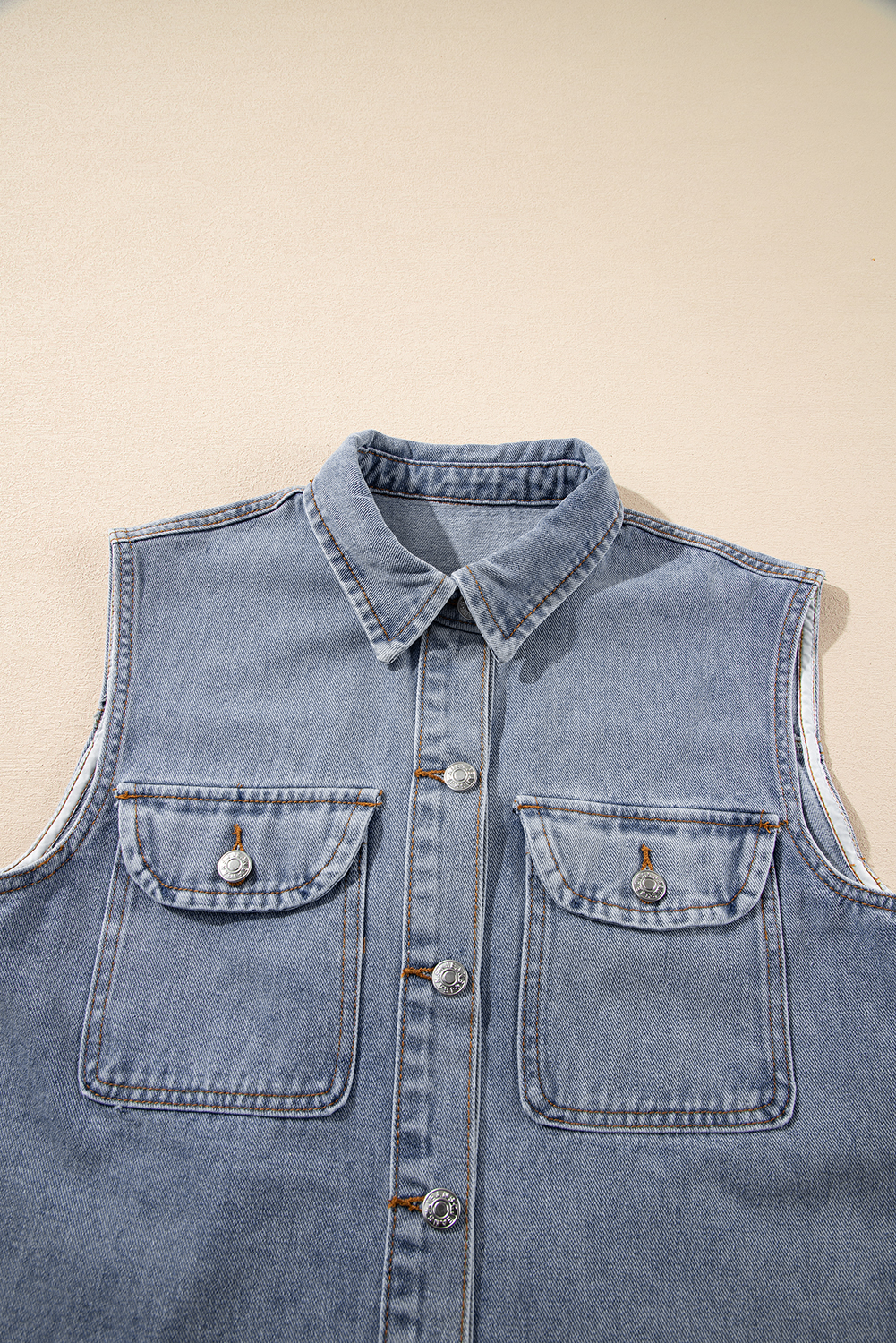 Beau Blue Denim Flap Pocket Curved Hem Shirt Vest