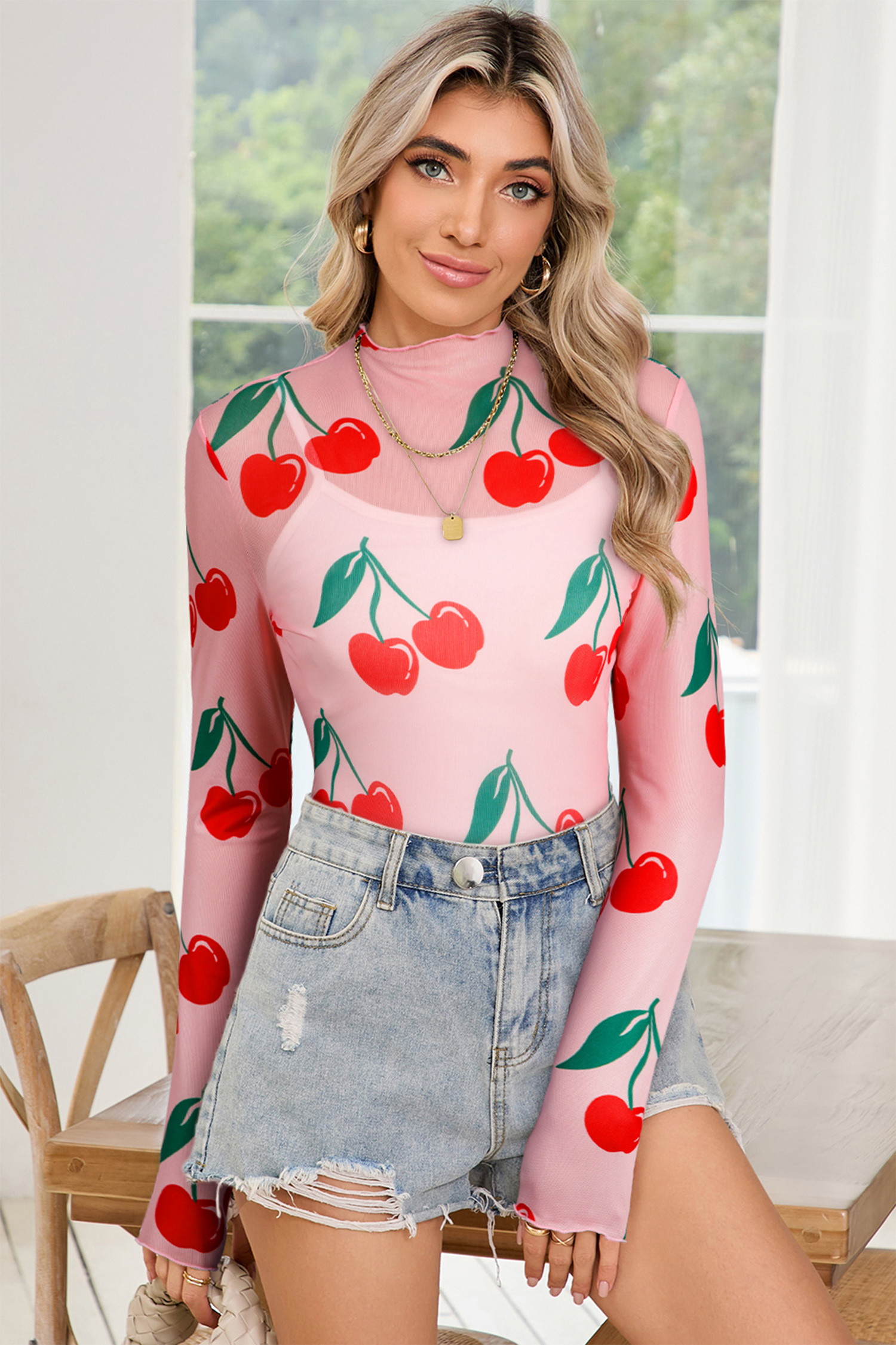 Pink Cherry Print Lettuce Trim Long Sleeve Mesh Top