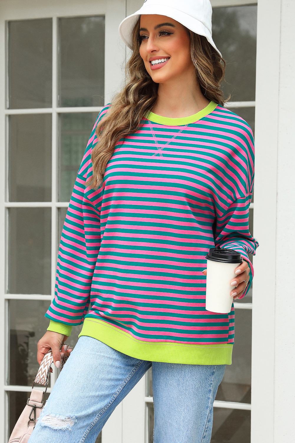 Red Stripe Contrast Ribbed Trim Crossed Stitch Drop Shoulder Sweatshirt