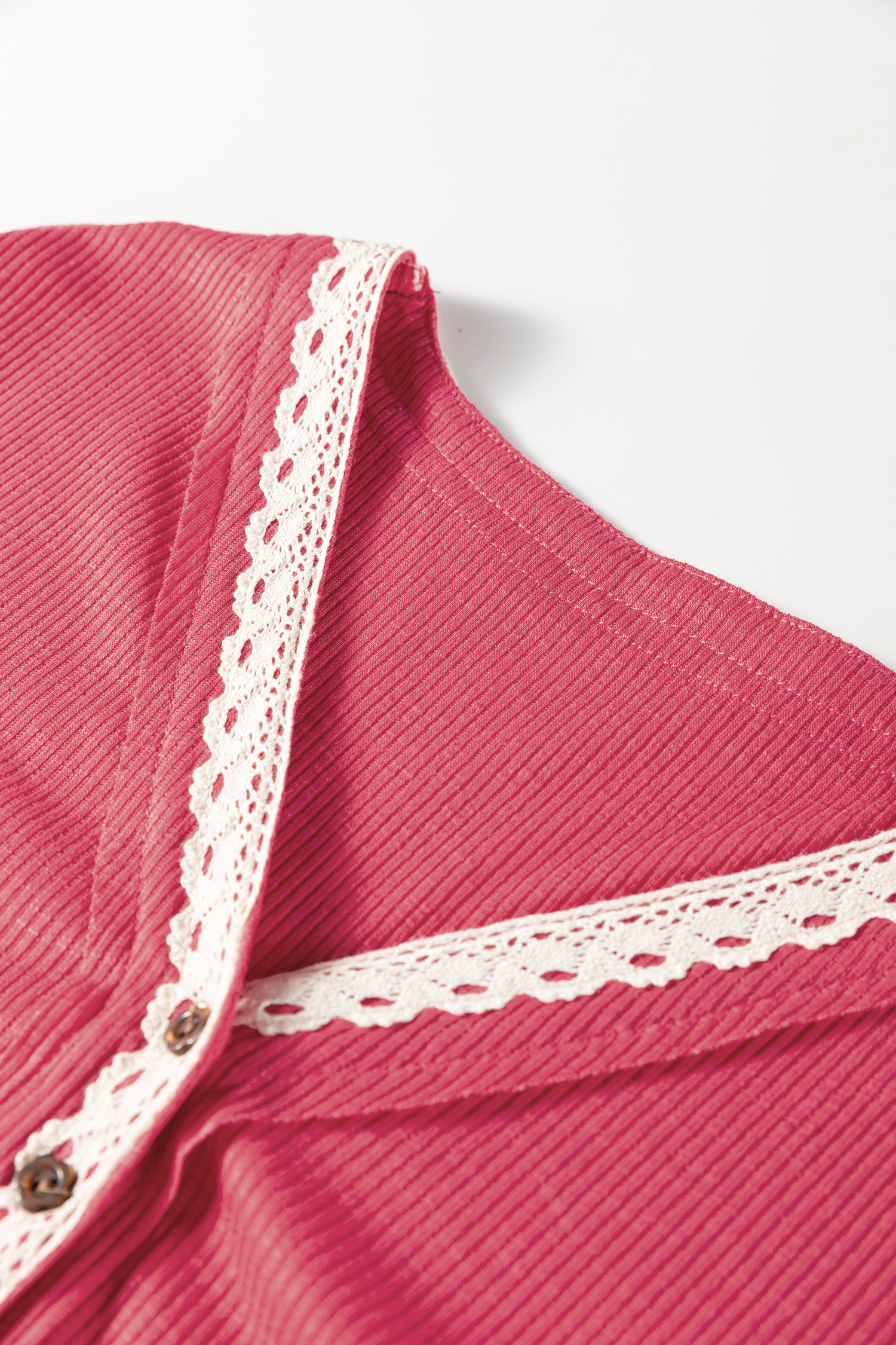 Racing Red Ribbed Texture Contrasted Lace Trim Button V Neck Long Sleeve Top