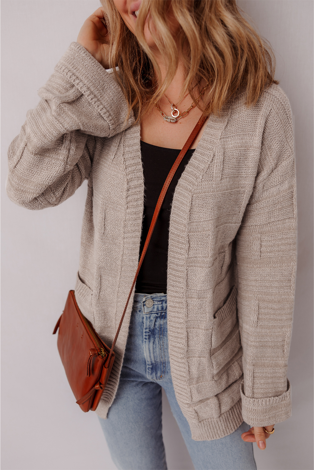 Delicacy Textured Knit Open Front Chic Cardigan with Pockets