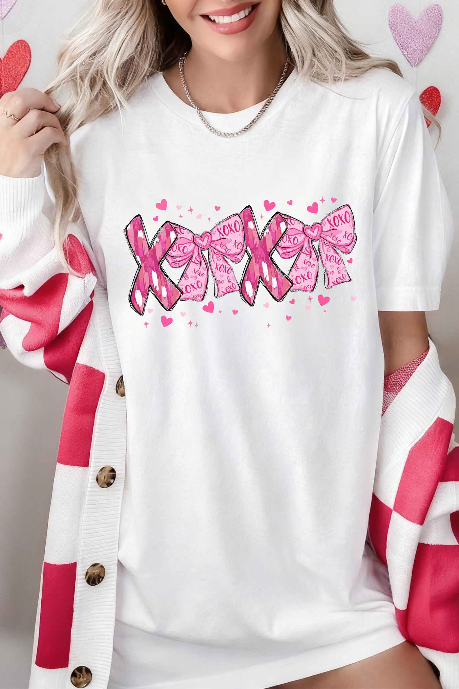 White Valentines Day XOXO Bow Printed T Shirt