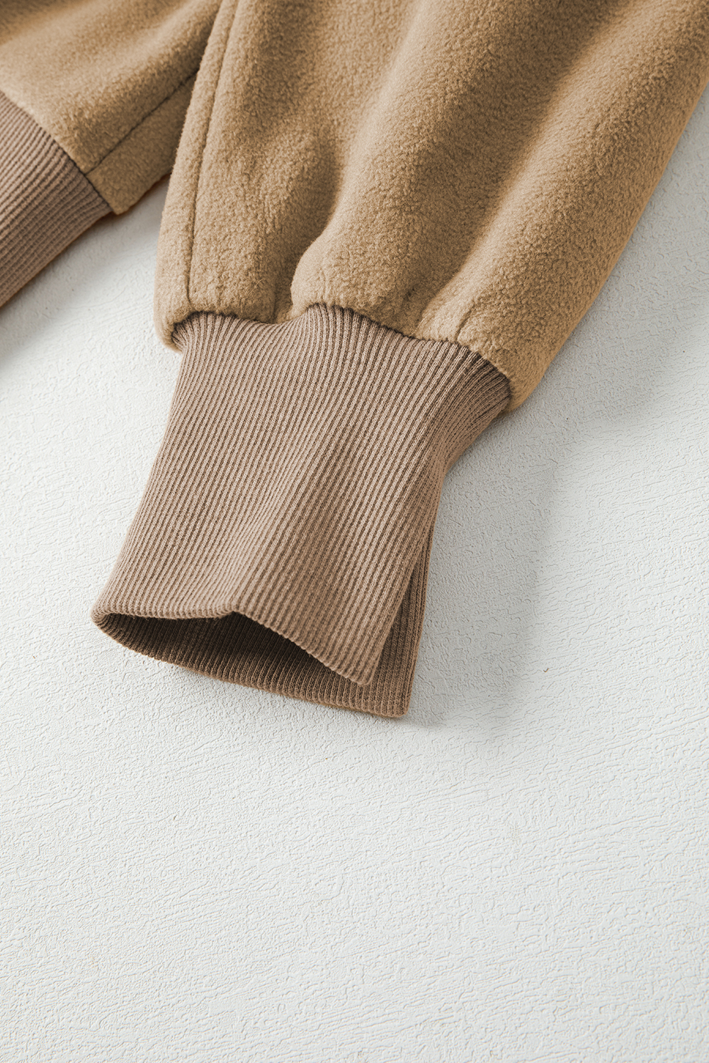 Dark Khaki Fuzzy Sherpa Splicing Pullover Sweatshirt with Side Slit