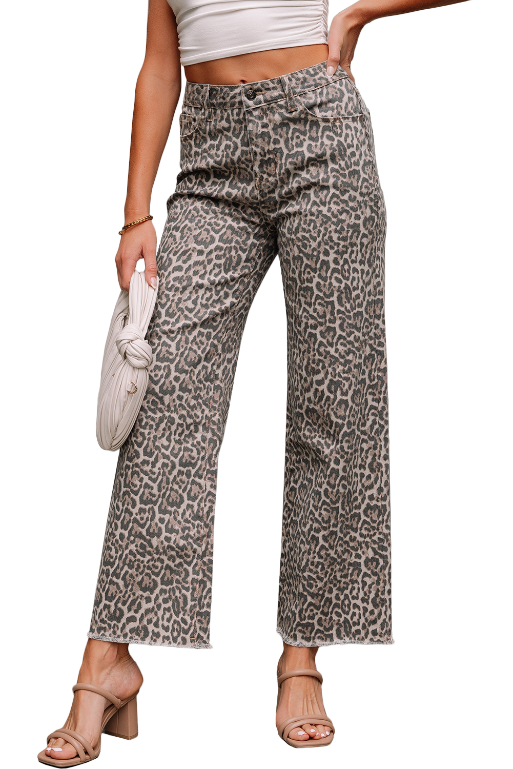 Rose Leopard Frayed Edge Wide Leg High Waist Jeans