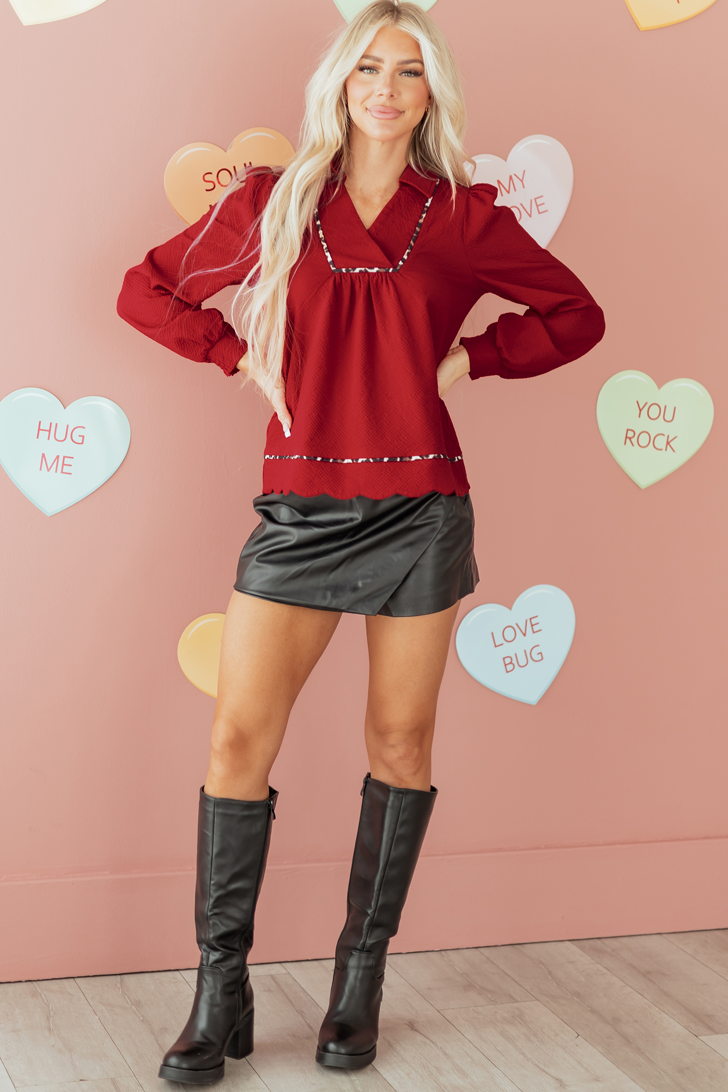 Fiery Red Textured V Neck Leopard Contrasted Trim Long Sleeve Shift Mini Dress