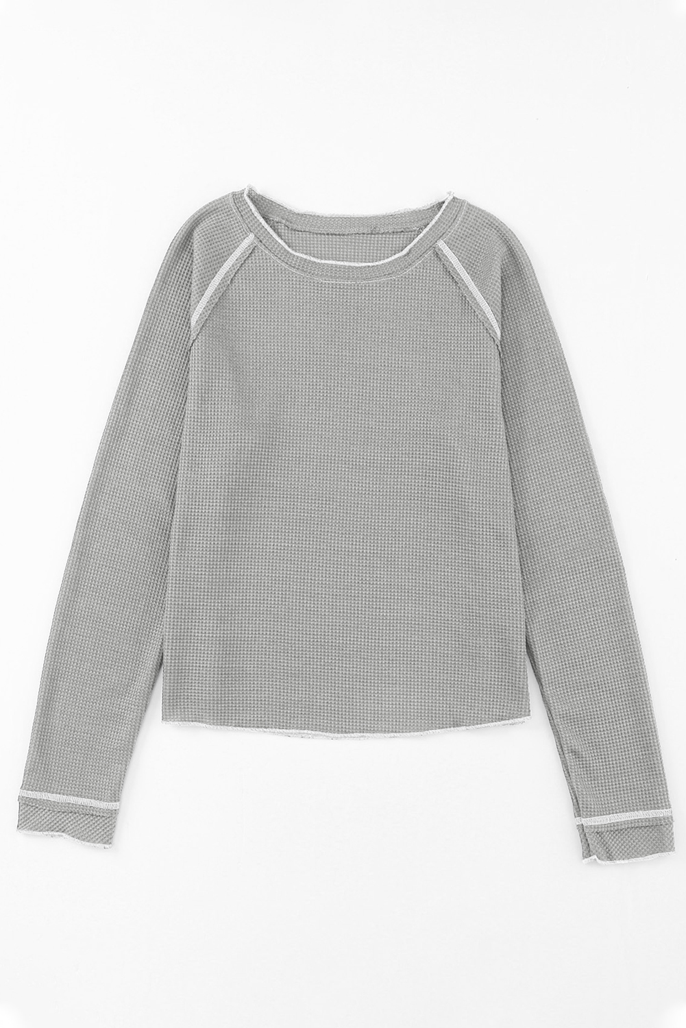 Smoke Gray Textured Round Neck Long Sleeve Top