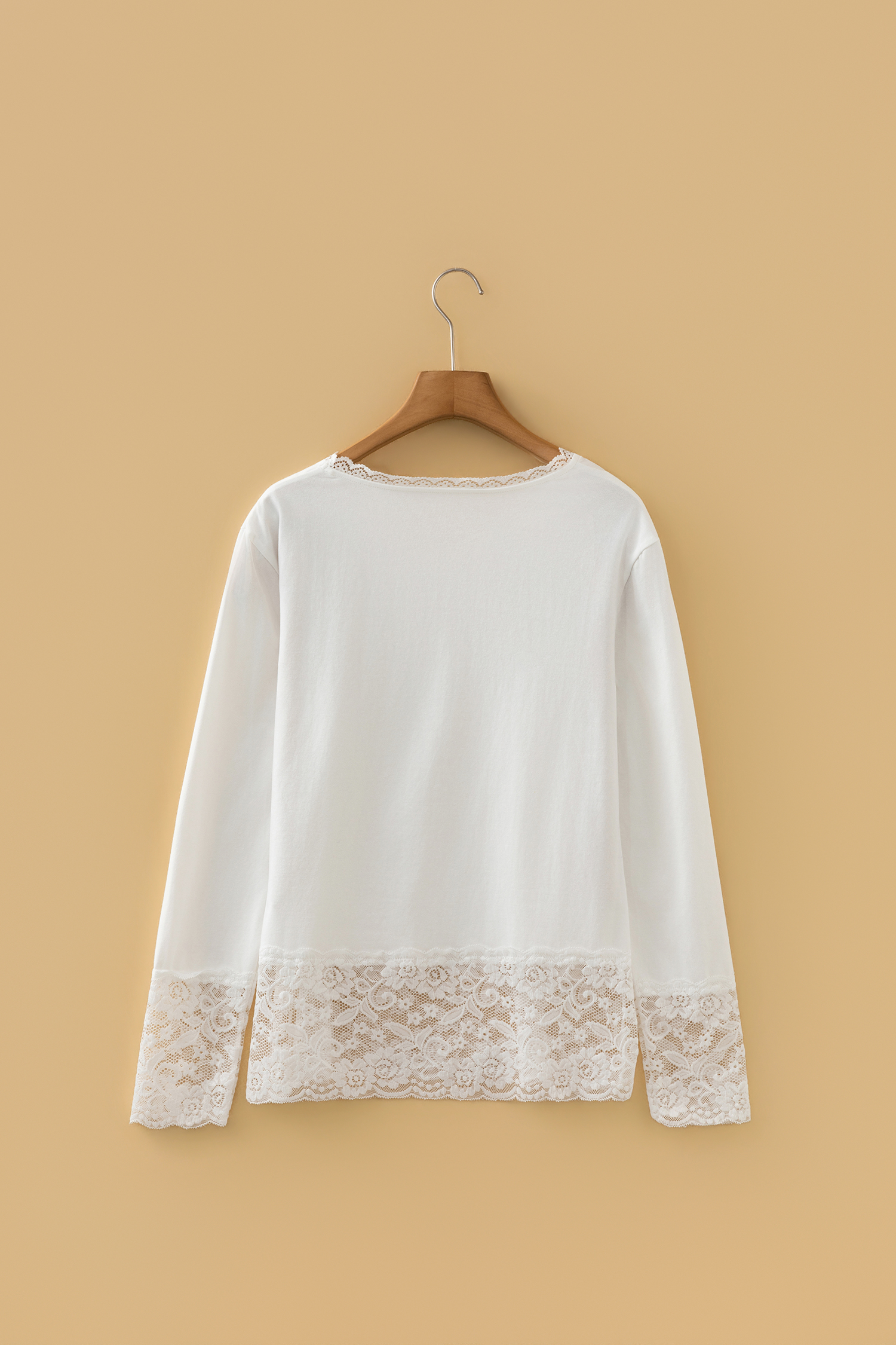 White Lace Trim V Neck Cuffed Long Sleeve Loose Top