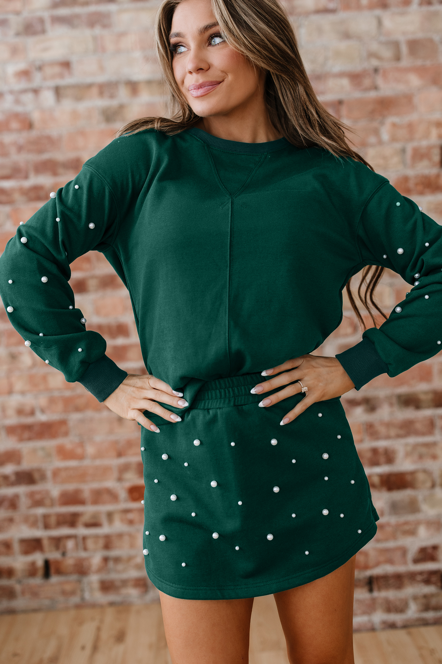Dark Green Pearl Embellished Drop Shoulder Pullover Elastic Waist Mini Skirt Set