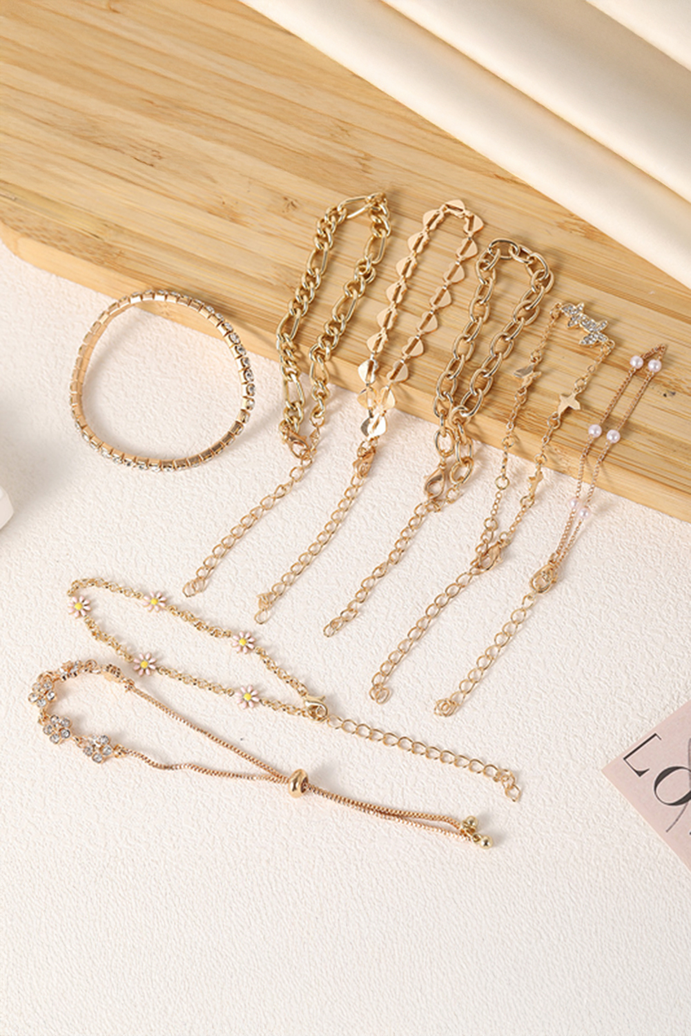 Gold Rhinestone Decor Butterfly Flower Multi Layer Bracelet Set