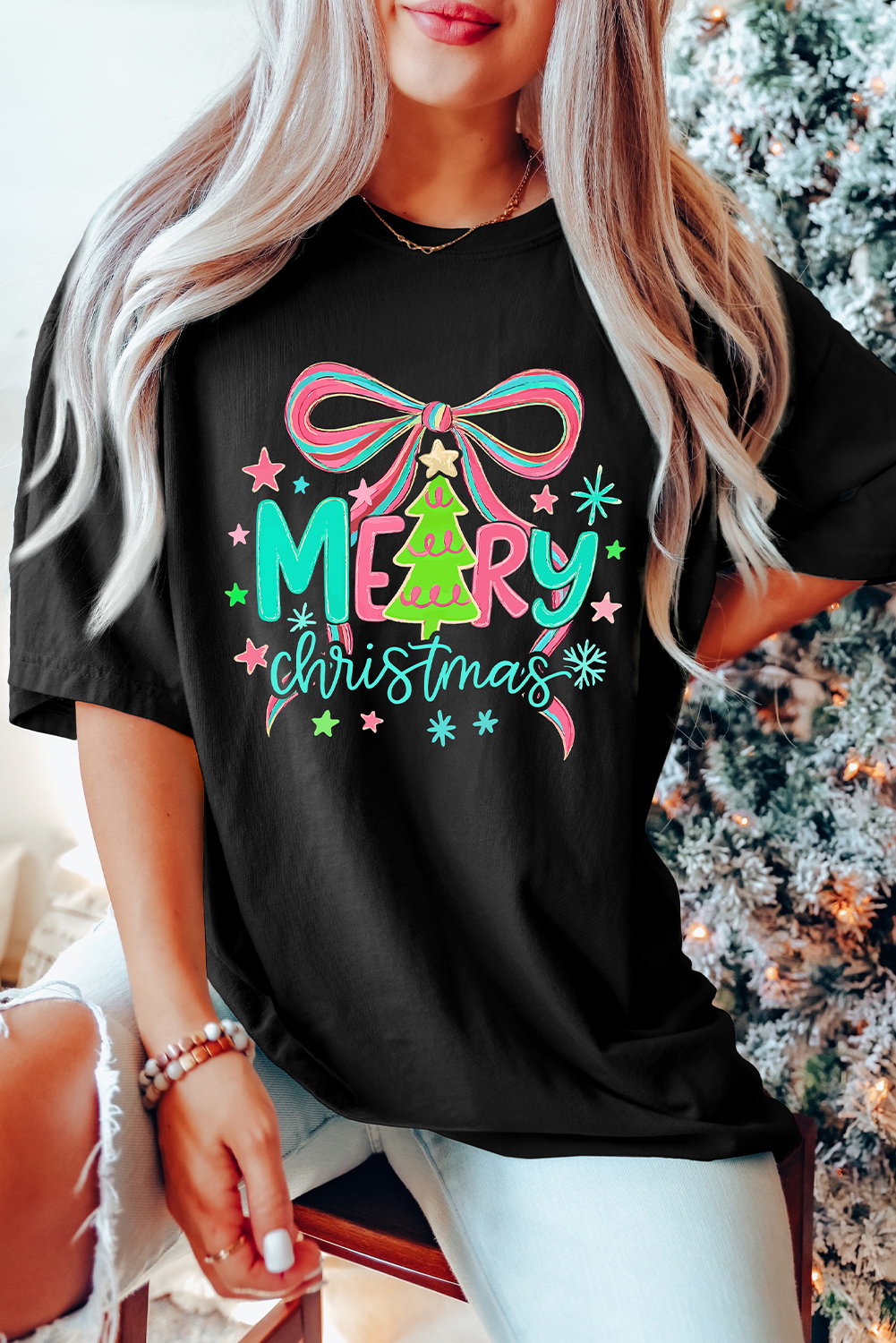 Black MERRY Christmas Vibrant Bow Print T Shirt