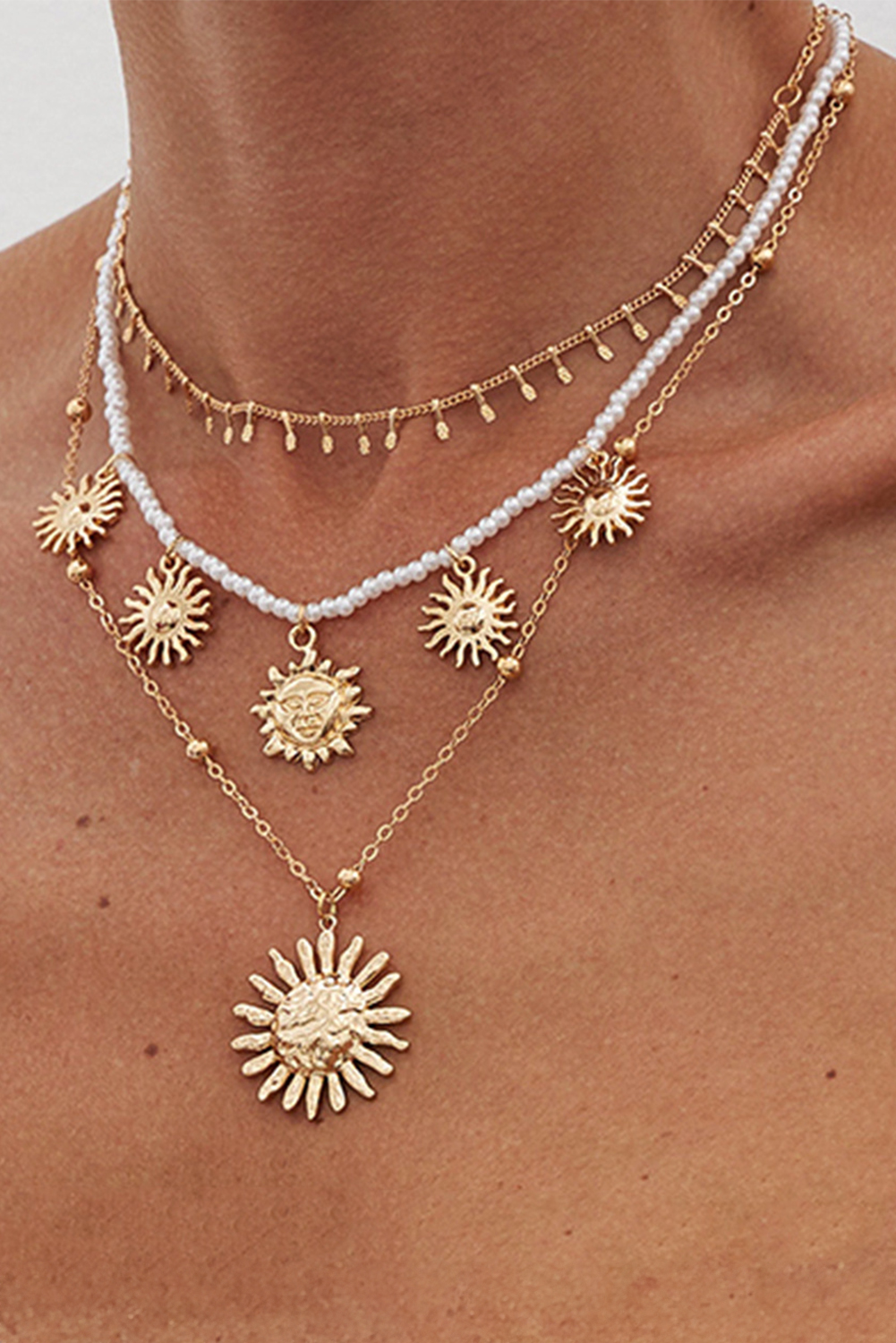 Gold Plated Alloy Pearl 3pcs Sun Goddess Necklace Set