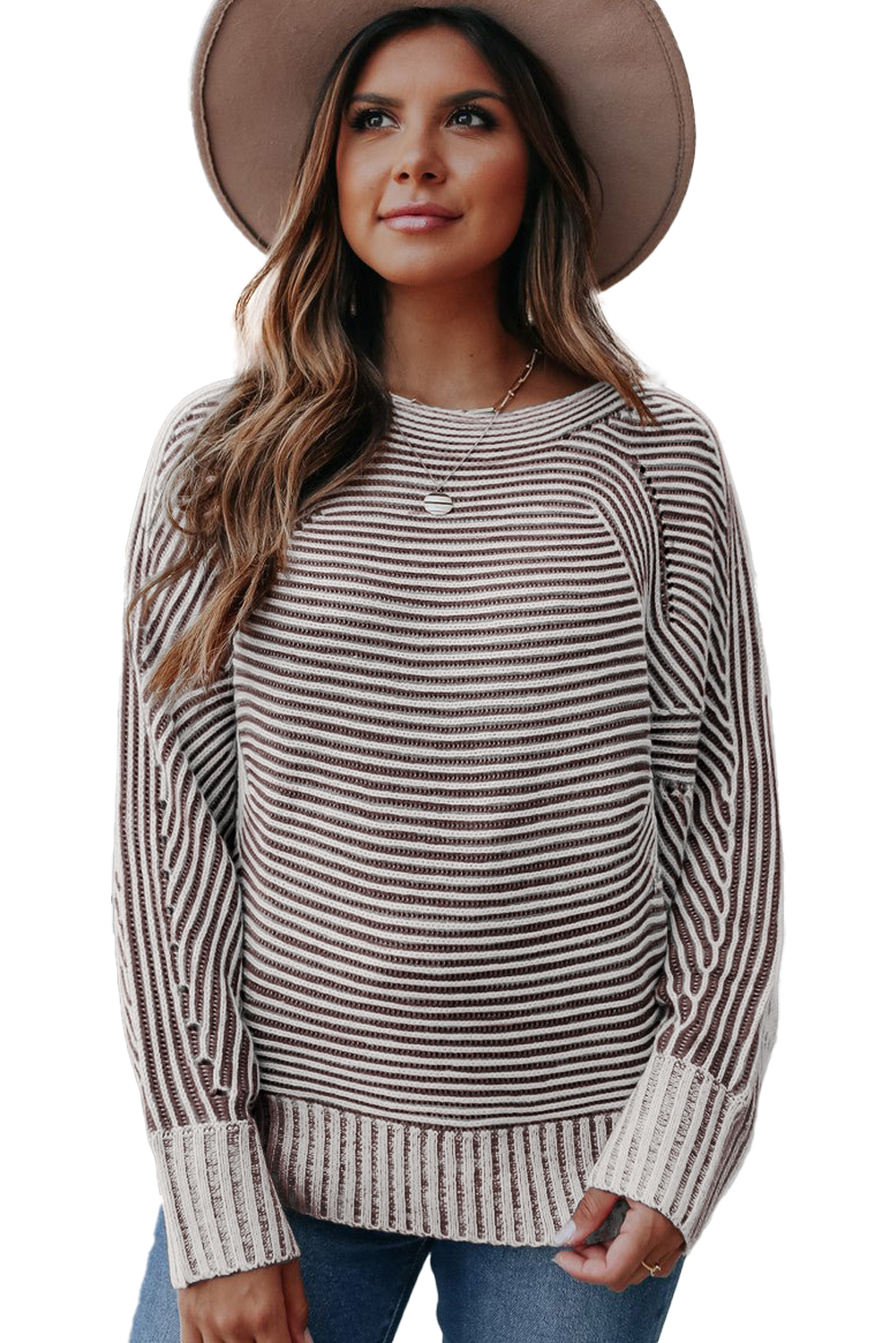 Coffee Striped Print Ribbed Knit Boat Neck Baggy Sweater