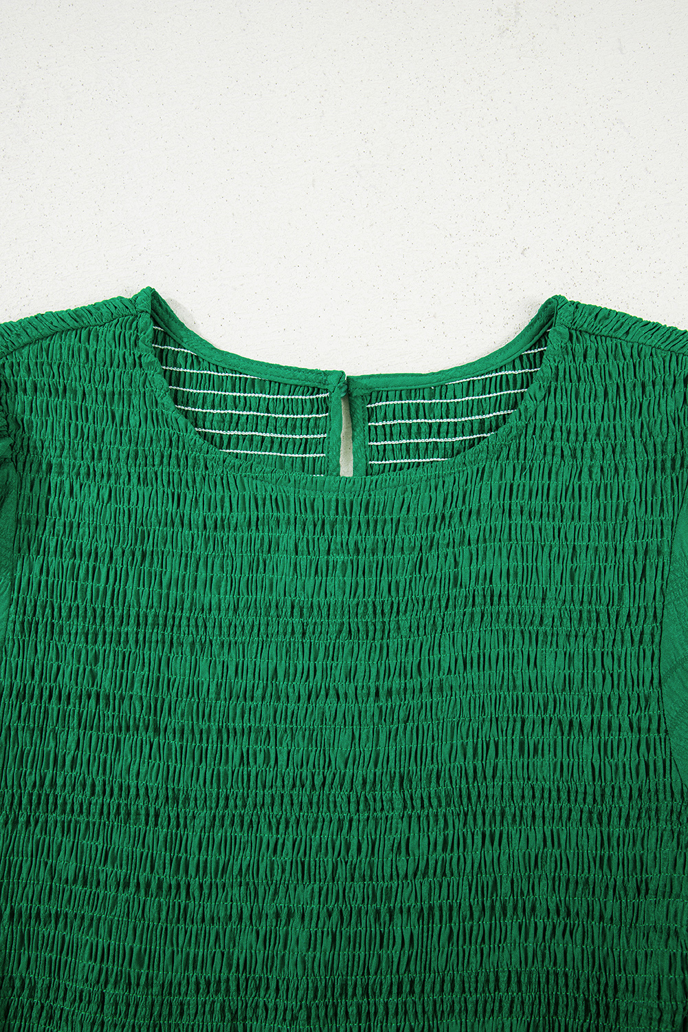 Dark Green Textured Ruffled Sleeve Round Neck Top