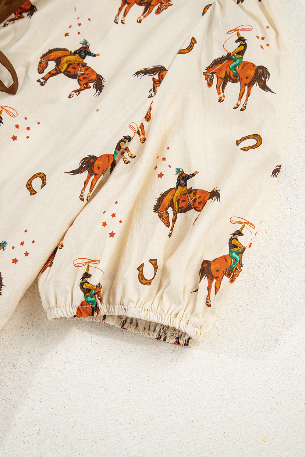 Apricot Cowboy Print Puff Sleeve Bowknot Peplum Blouse