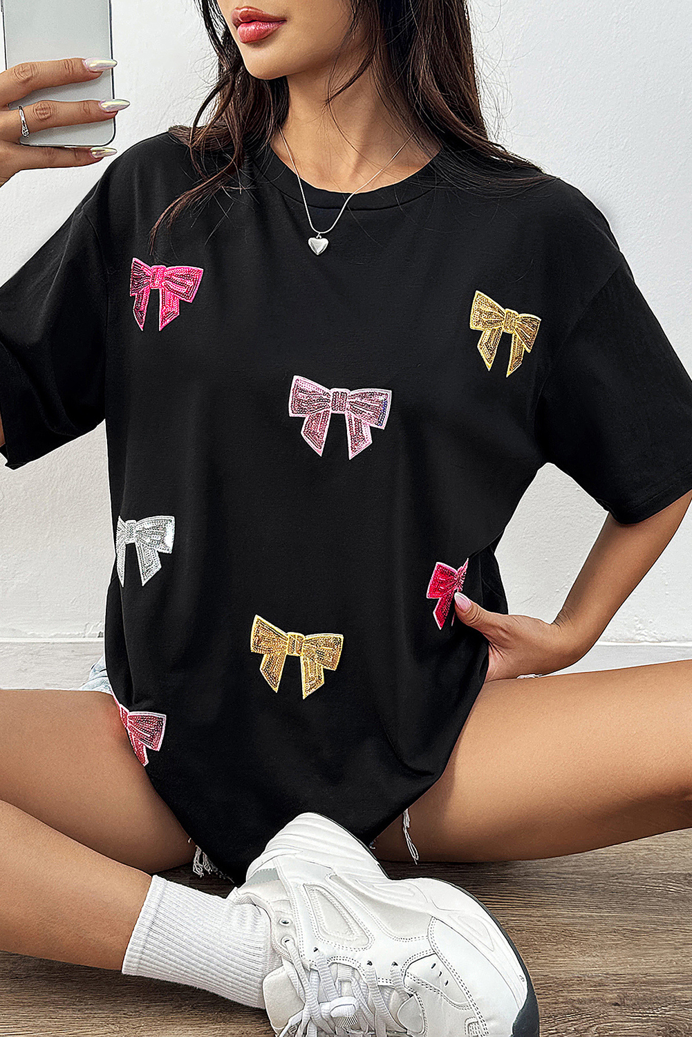 Black Shiny Bow Loose T Shirt