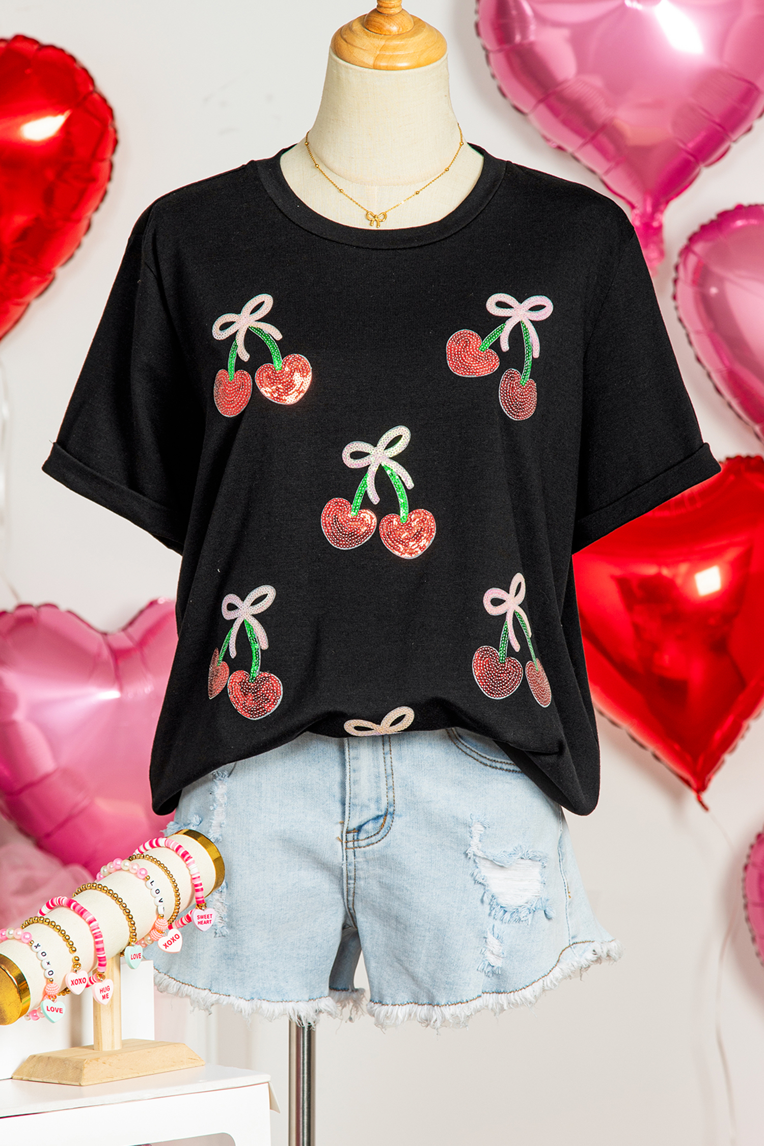 Black Sequin Bow Cheery Patched Valentines Graphic Tee
