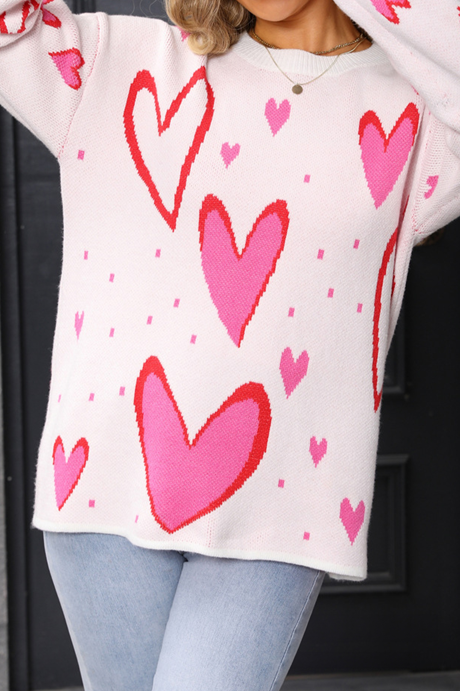 White Splendid Heart Print Valentines Day Sweater
