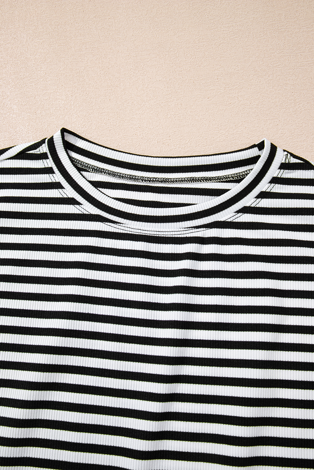 Sky Blue Stripe Ribbed Cap Sleeve Round Neck T Shirt