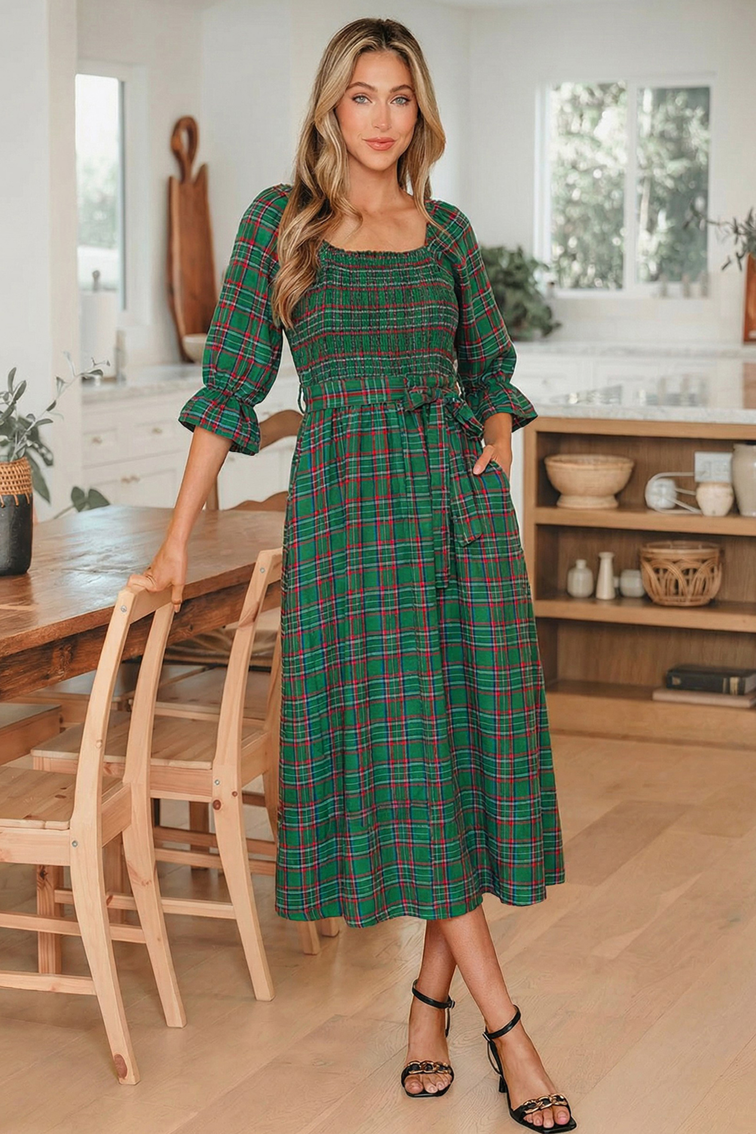 Red Tartan Plaid Square Neck Puff Sleeve Knot Waist Flared Midi Dress