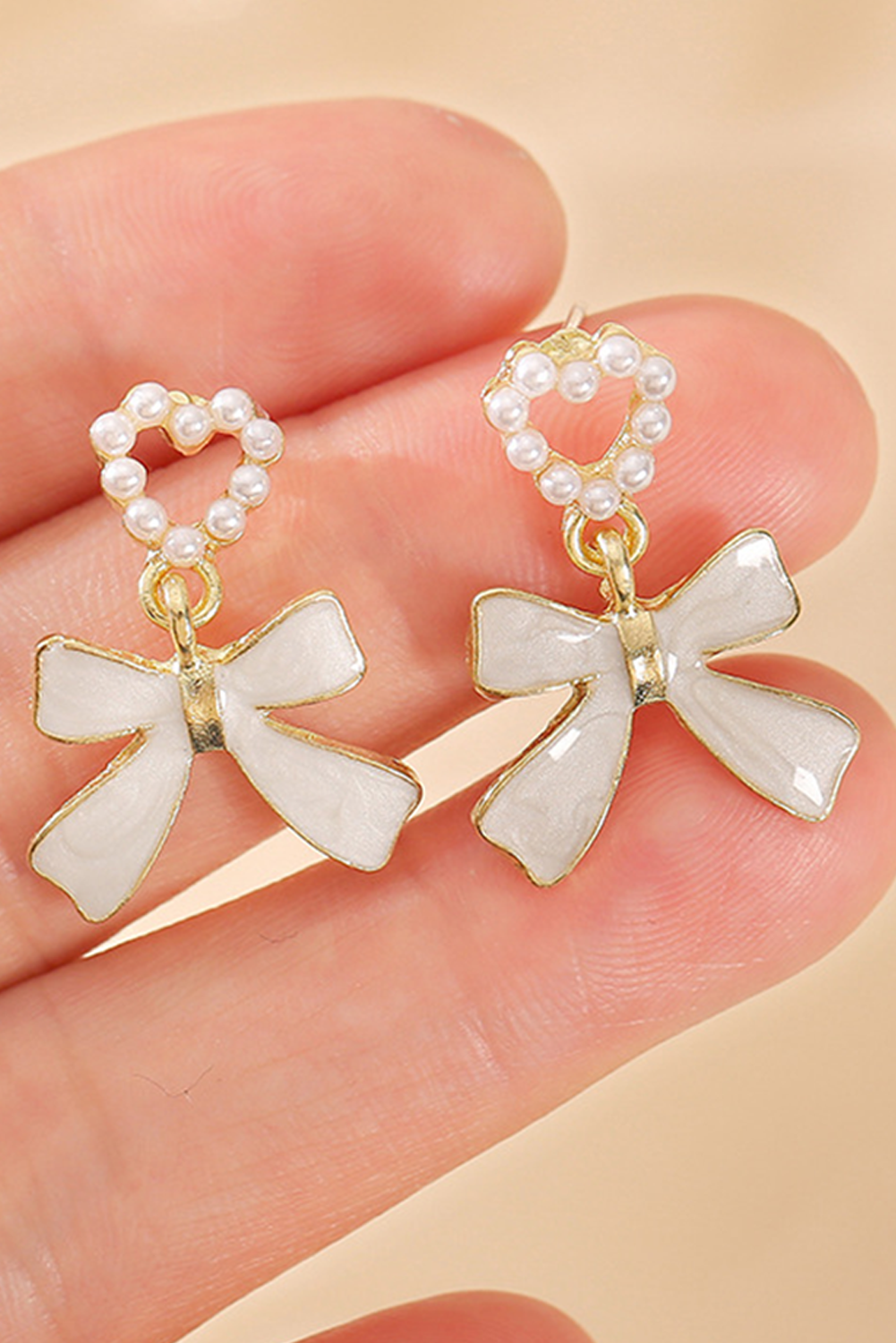 Gold Pearled Heart Shape Bow Knot Dangle Earrings