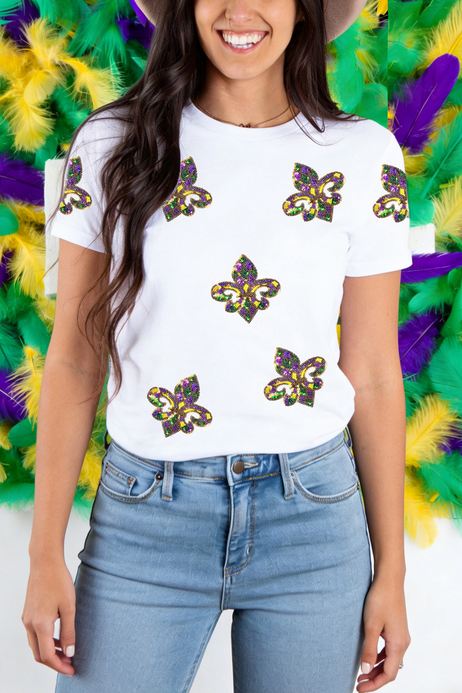 White Maid Gras Sequin Fleur de Lis Graphic T Shirt