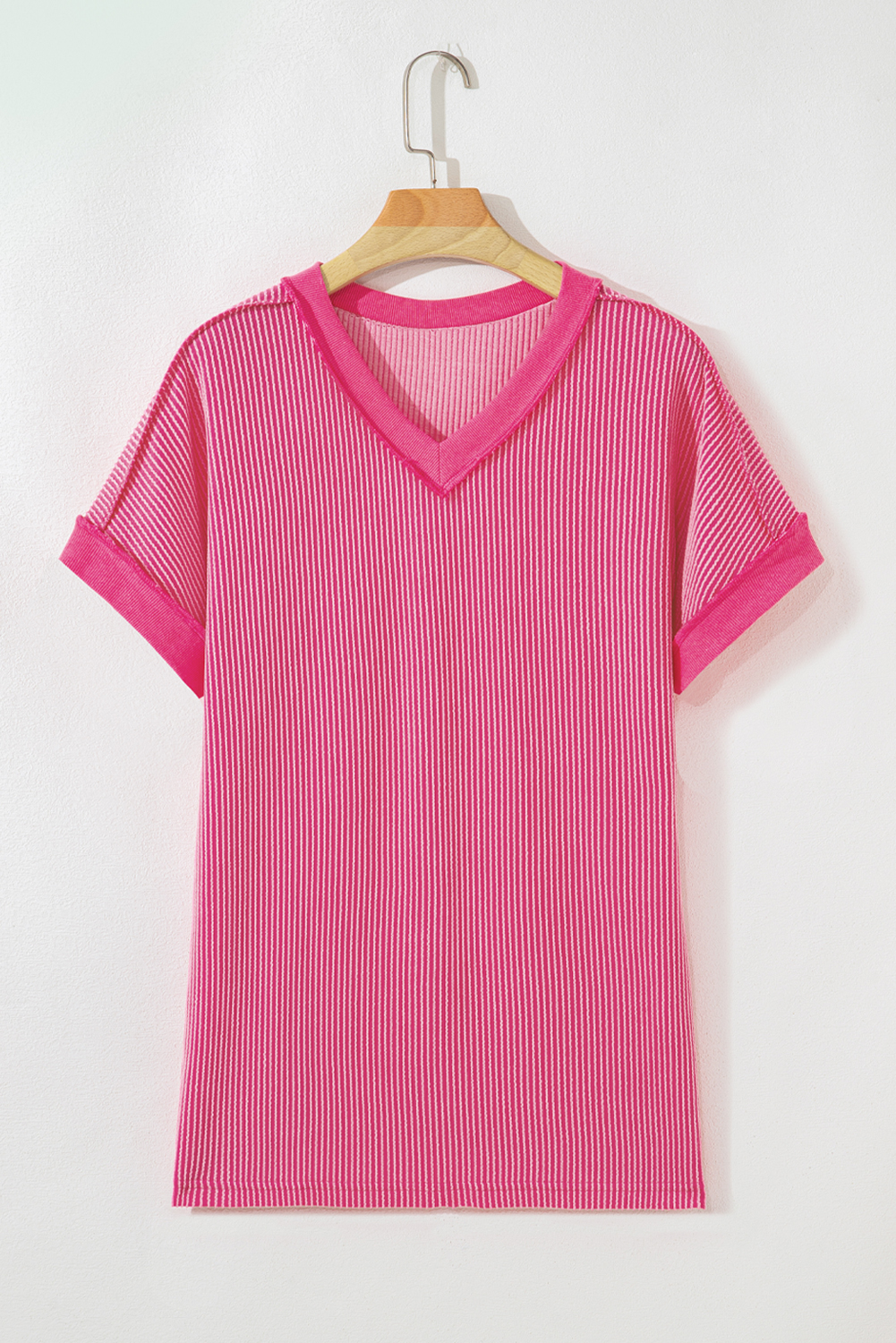 Rose Red Twisted Ribbed Knit V Neck Casual Tee