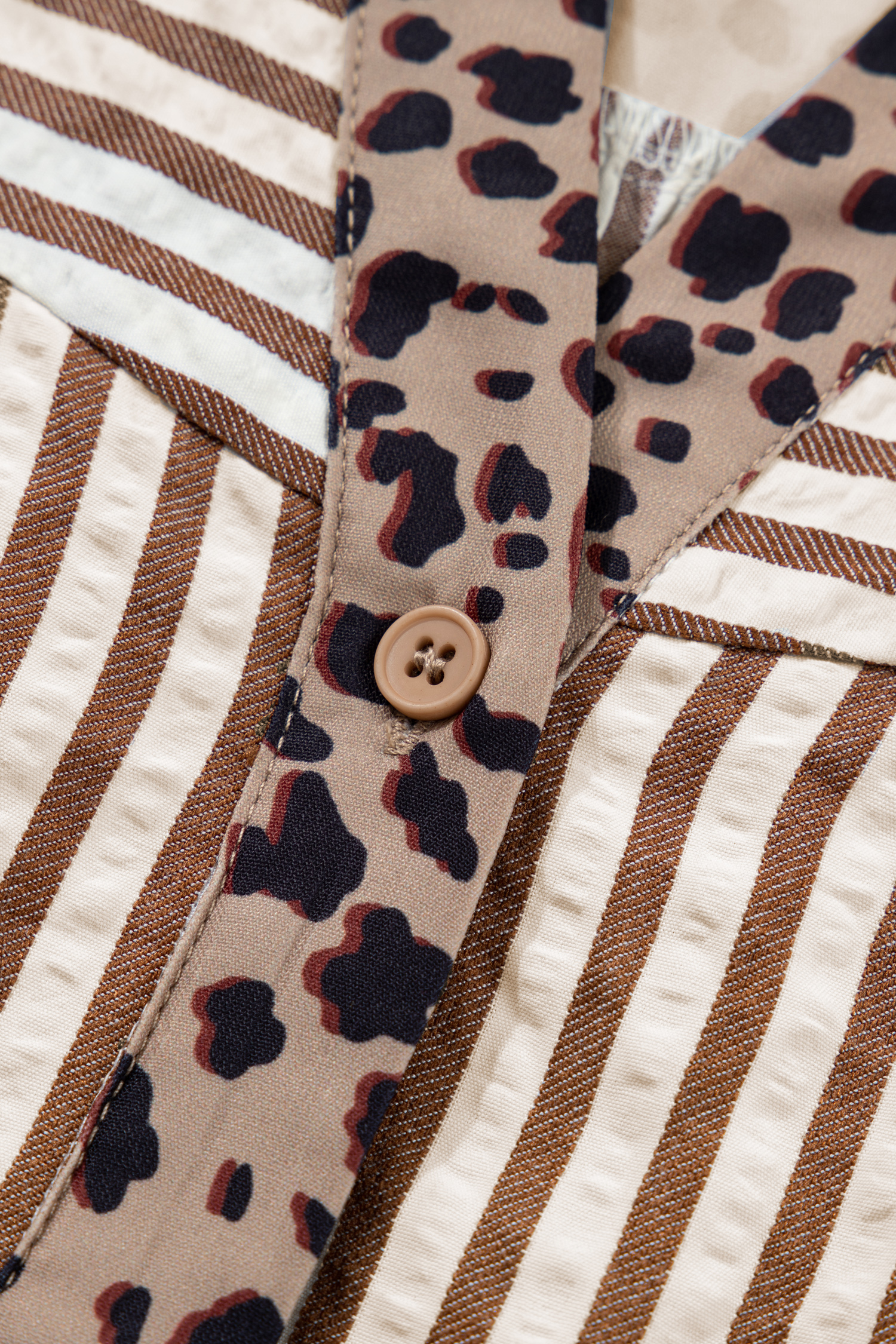 Sky Blue Stripe Leopard Trim V Neck Button Down Half Sleeve Shirt