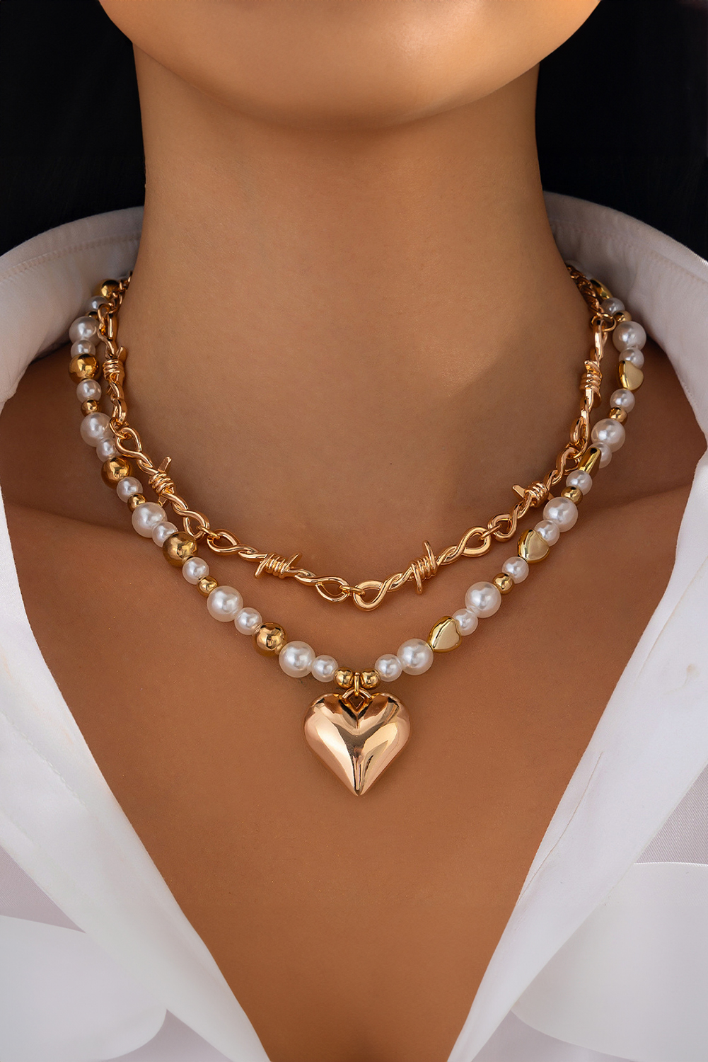 Gold 2pcs Alloy Plated Heart Pendant Pearl Necklace Set