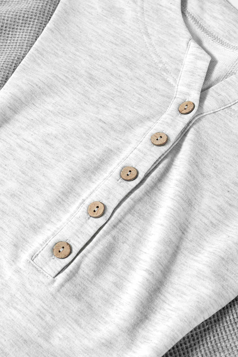 Dearlovers Light Grey Two Tone Contrast Waffle Knit Patched Buttoned V Neck Top