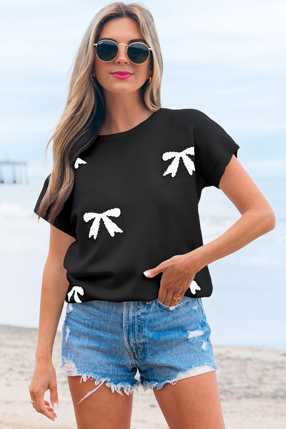 Black Bow Pattern Knit Short Sleeve Sweater