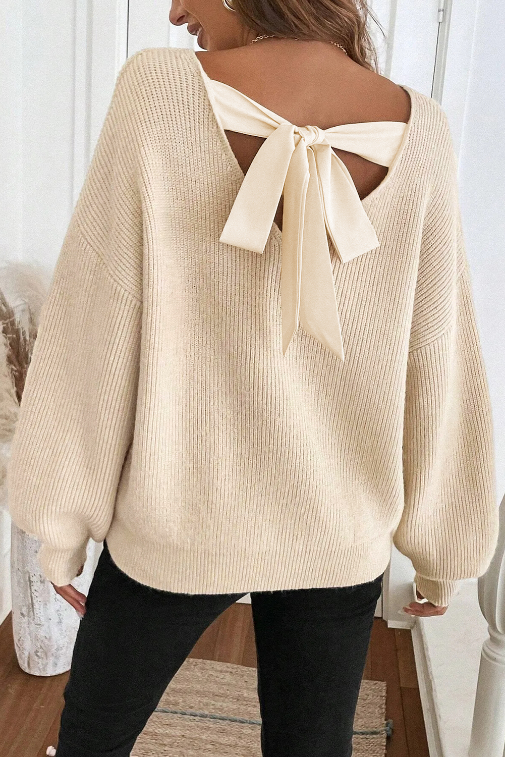 Black Ribbed Knit Ribbon Knot Backless Drop Shoulder Sweater