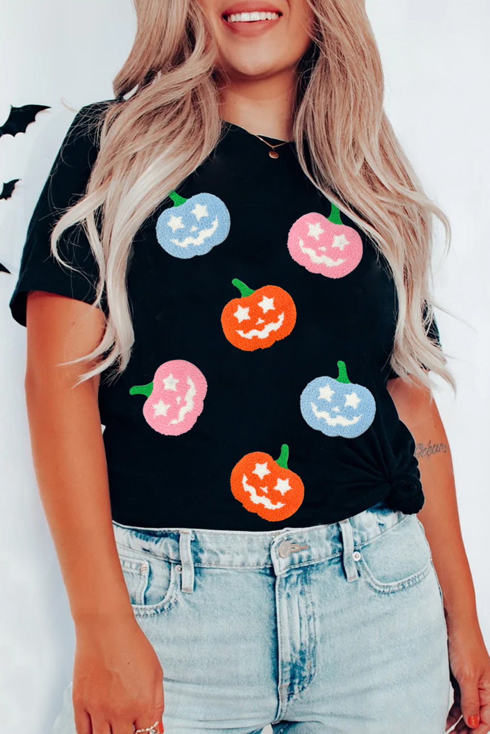 Black Chenille Pumpkin Patched Playful Halloween T Shirt
