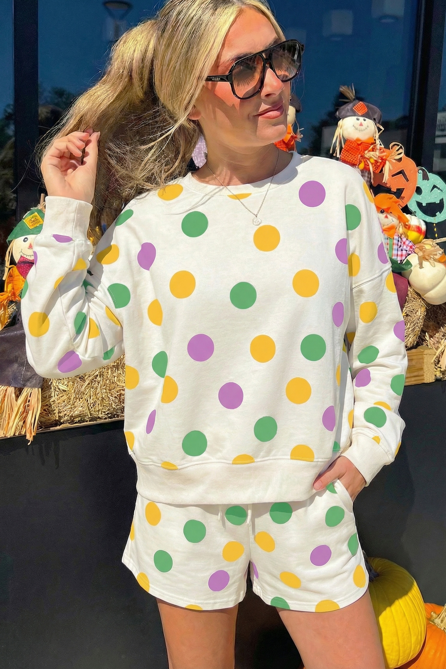 Beige Polka Dot Print Drop Shoulder Pullover Drawstring Jogger Pant Set