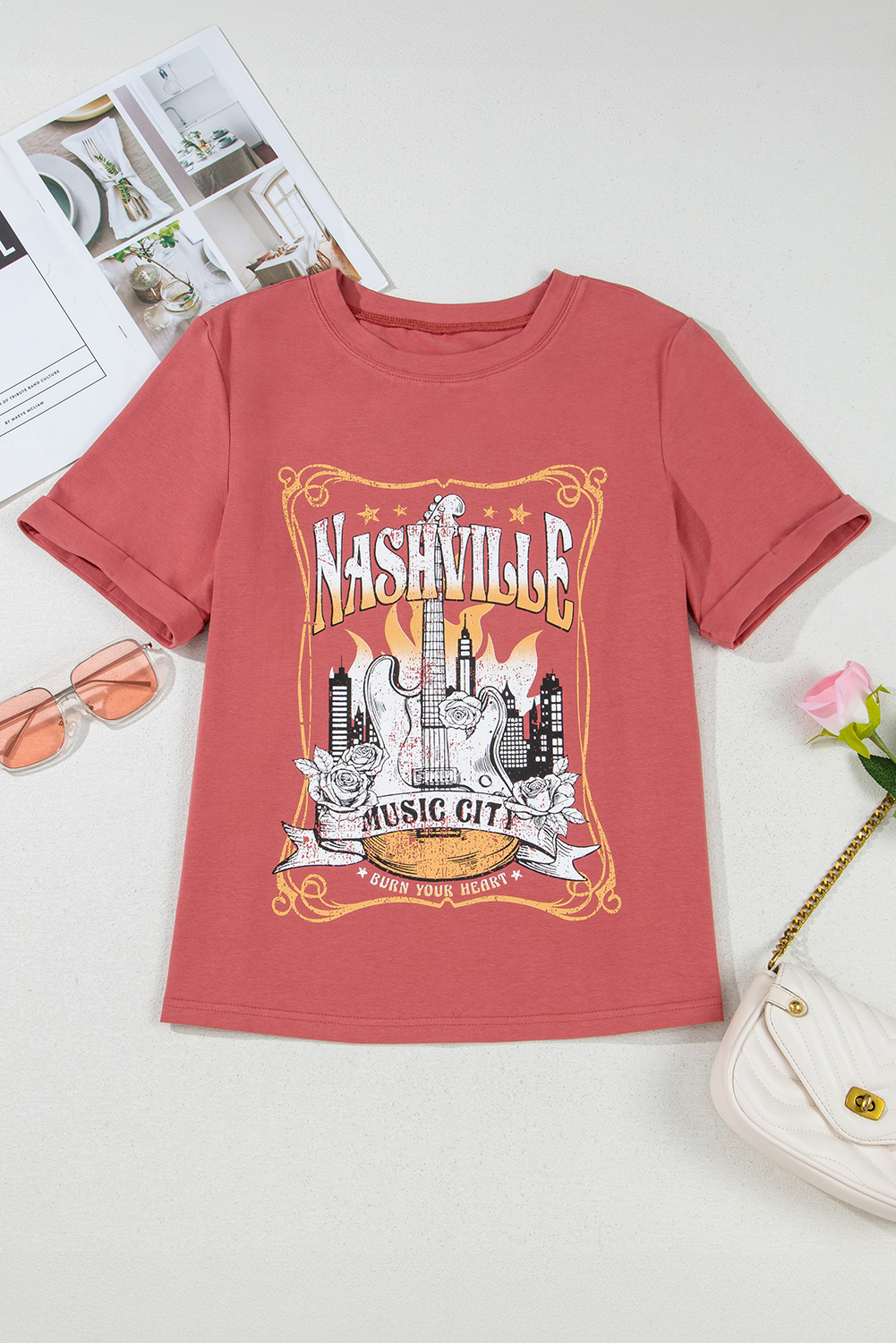 Mineral Red Nashville Music City Graphic Retro Fashion Tee